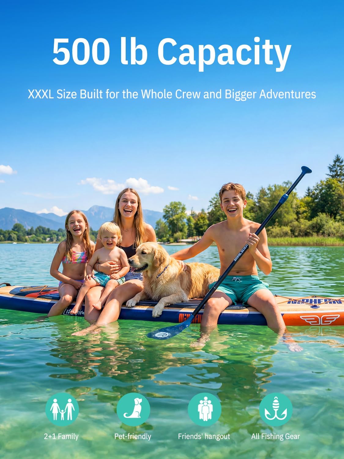 Niphean (Extra Large) Inflatable Paddle Board, SUP for 2+1 People/Family 500lbs Capacity Stand Up Paddle Board with SUP Accessories, StabilTrac Fin Non-Slip Paddleboard for Adults