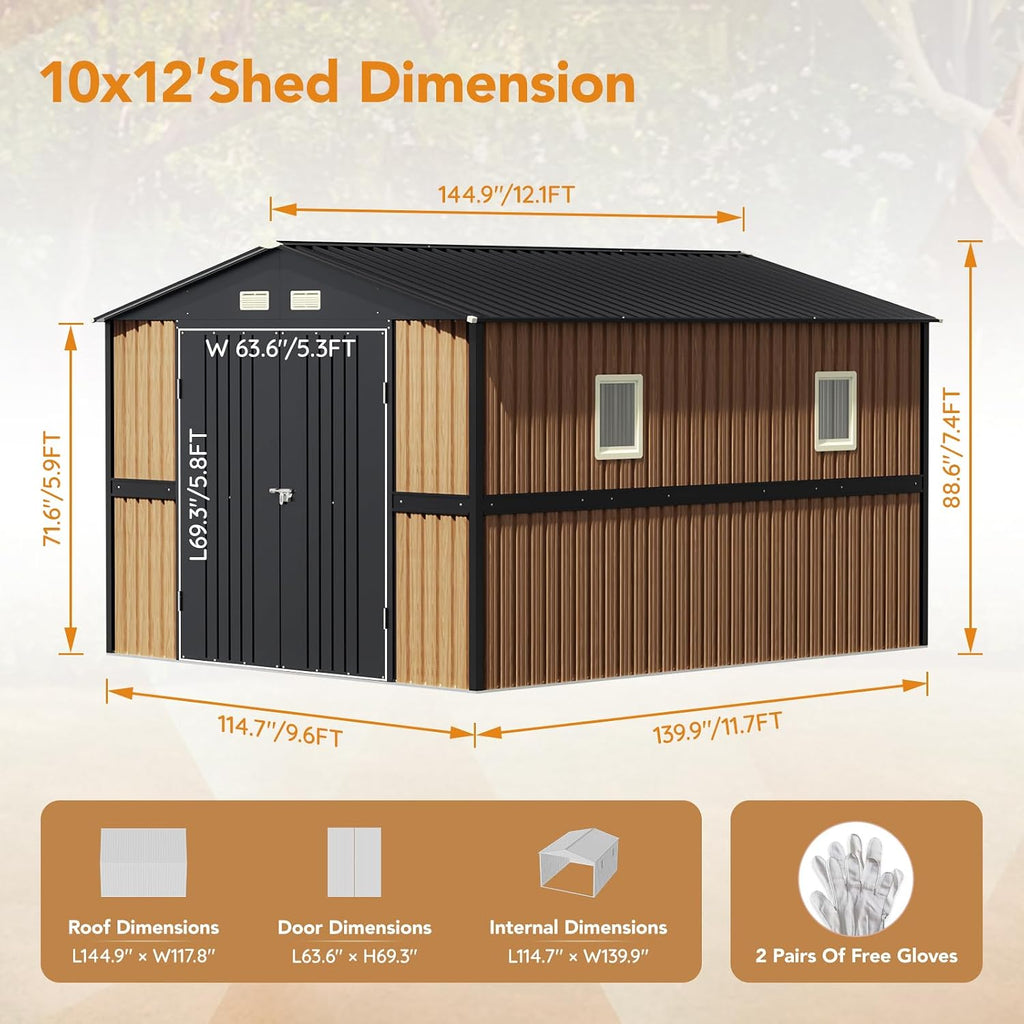 Panovue 10X12 FT Outdoor Steel Storage Shed with Lockable Doors, 2 Windows, Garden Shed Ideal for Backyard, Patio Storage,Chicken Coop(Wood Panels & Frame Floor Not Included)