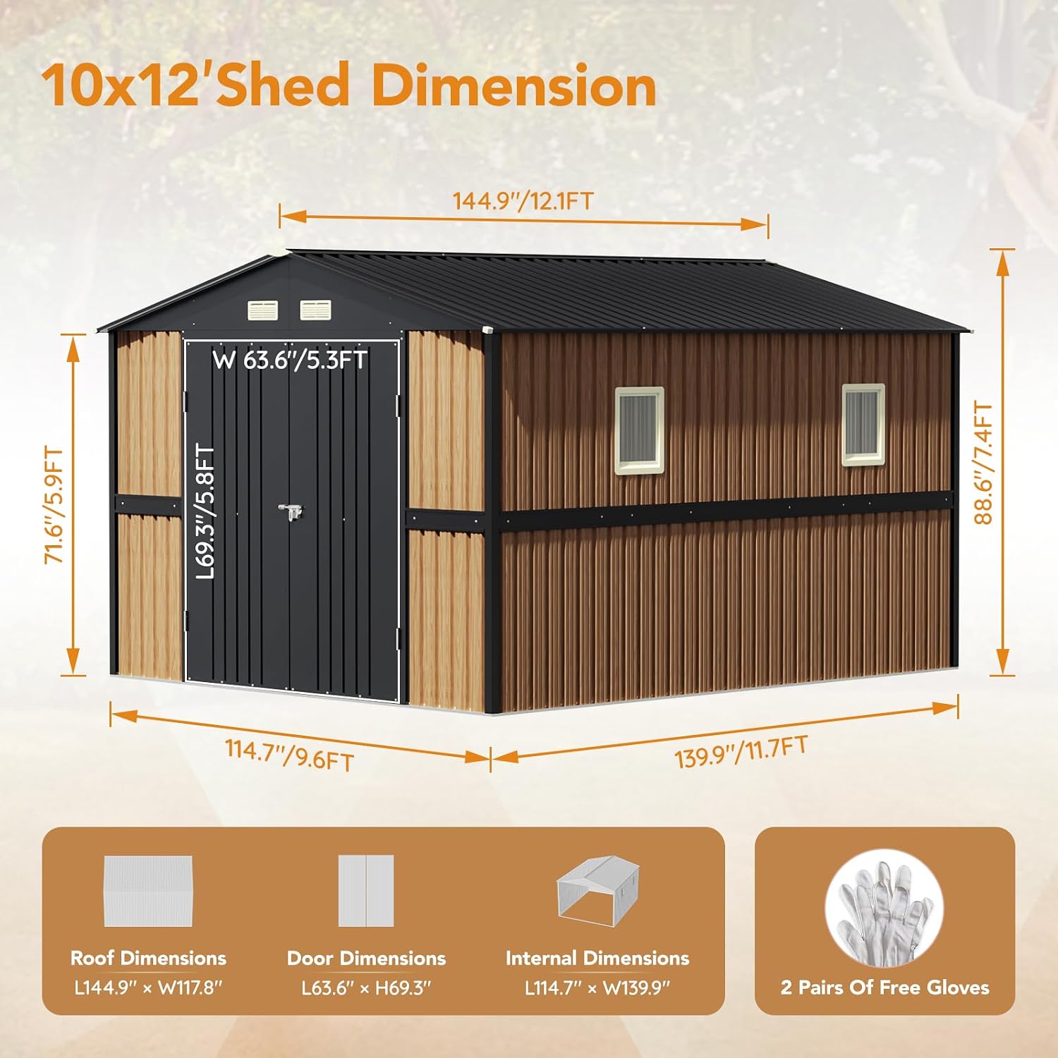 Panovue 10X12 FT Outdoor Steel Storage Shed with Lockable Doors, 2 Windows, Garden Shed Ideal for Backyard, Patio Storage,Chicken Coop(Wood Panels & Frame Floor Not Included)