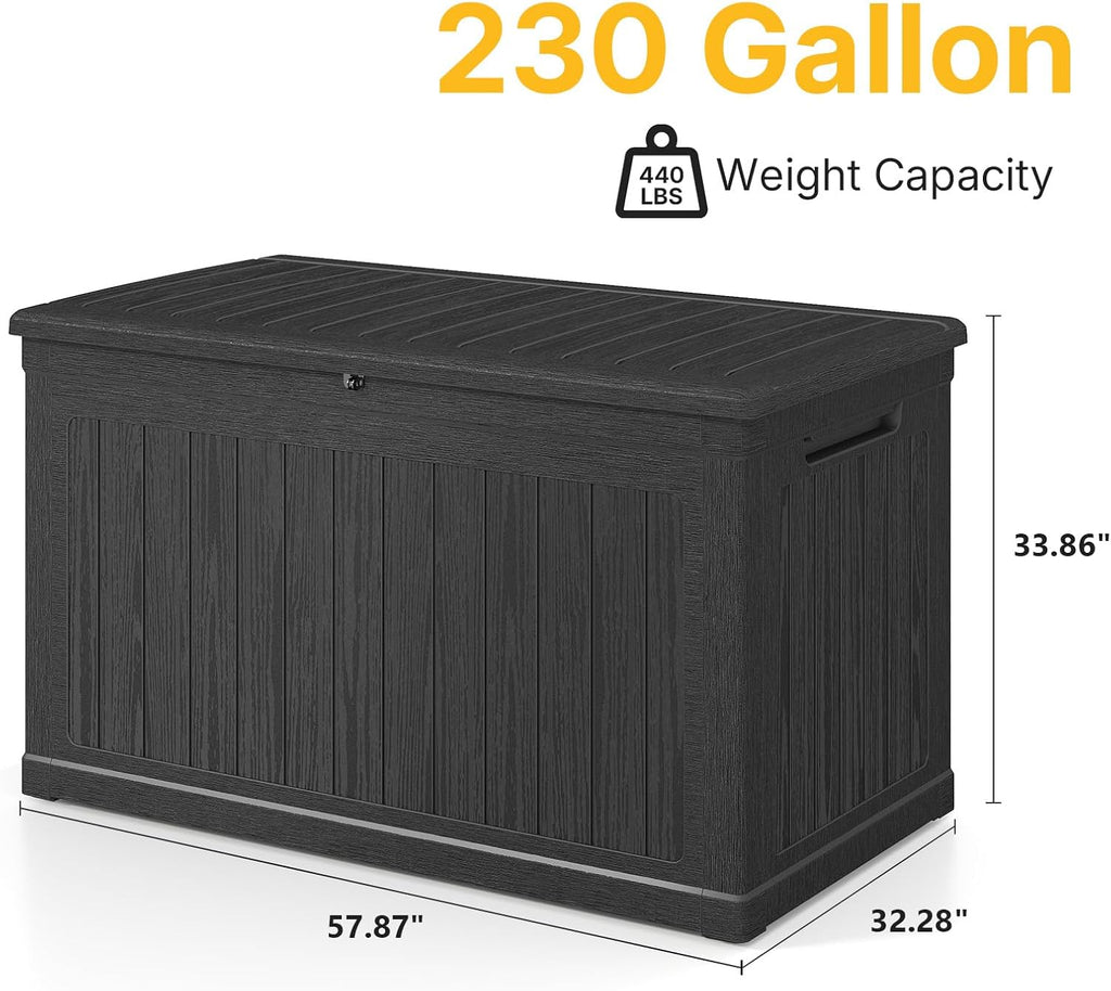 Skepphlay 230 Gallon Deck Box Large Outdoor Storage Box, Black Waterproof Deck Storage Bench, 440 lbs Load Capacity Outdoor Storage Bin for Garden, Patio, Pool, Boat