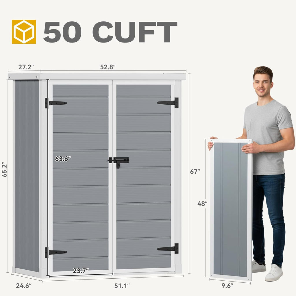 DWVO 4.3x2x5.5ft Outdoor Vertical Storage Shed with 2 Shelves, 50 Cu Ft Waterproof Resin Garden Shed with Lockable Door, Plastic Tall Tool Cabinet for Garbage Cans, Lawn Garden Supplies (Gray)