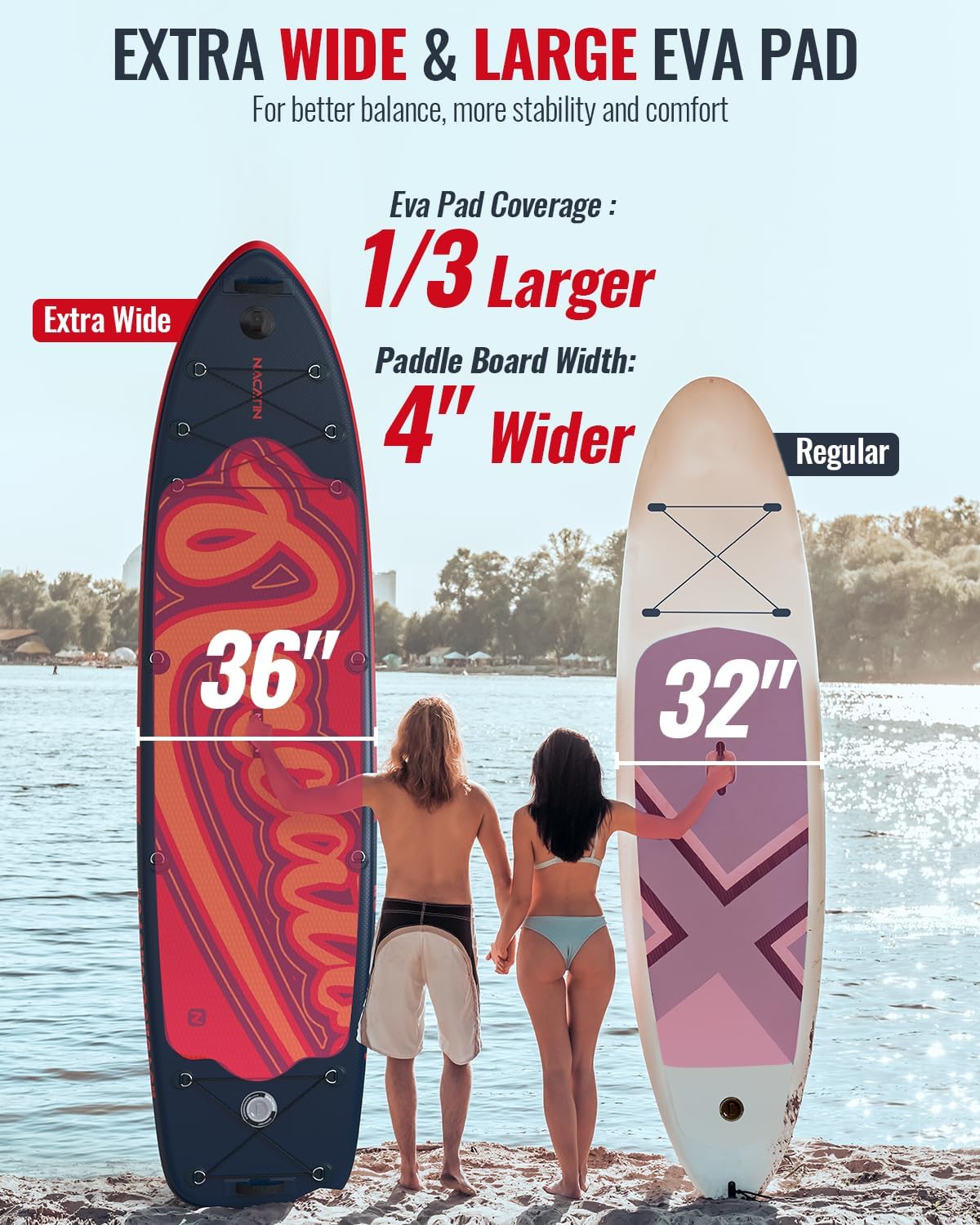 NACATIN 12'/366cm Extra Large Inflatable Stand Up Paddle Board with Seat, Wide 36'/91cm SUP Board for Adults & Family, with Single/Double Paddle, Kayak Seat, Pump, Stable Wide Deck for Beginners
