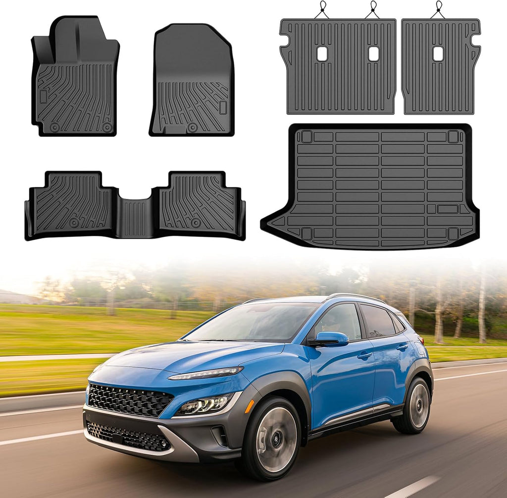 Mixsuper Floor Mat & Cargo Liner for Hyundai Kona 2018-2023/Kona N 2022-2023(No for EV),All Weather TPE Floor Liners with Trunk Mat & Backrest Protectors,Kona Accessories,Anti-Slip Floor Liners Set