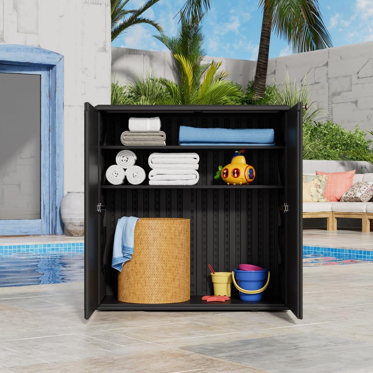 KINYING Outdoor Storage Cabinet Waterproof, Resin 62 Gallon Deck Box for Patio Furniture Cushions, Garden Tools, Pool Tools and Kids' Toys (Black with 1 Shelving)