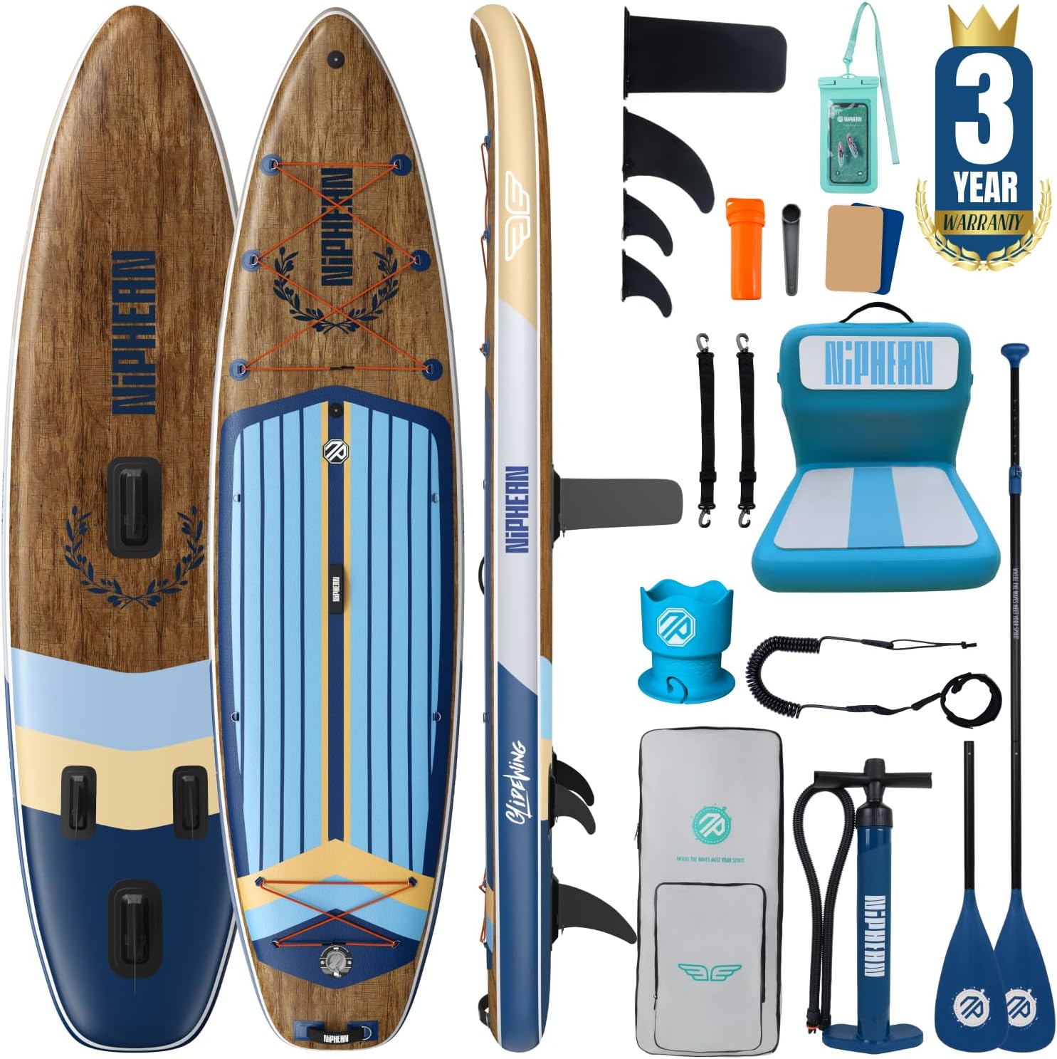 Niphean (Extra Large) Inflatable Paddle Board, SUP for 2+1 People/Family 500lbs Capacity Stand Up Paddle Board with SUP Accessories, StabilTrac Fin Non-Slip Paddleboard for Adults