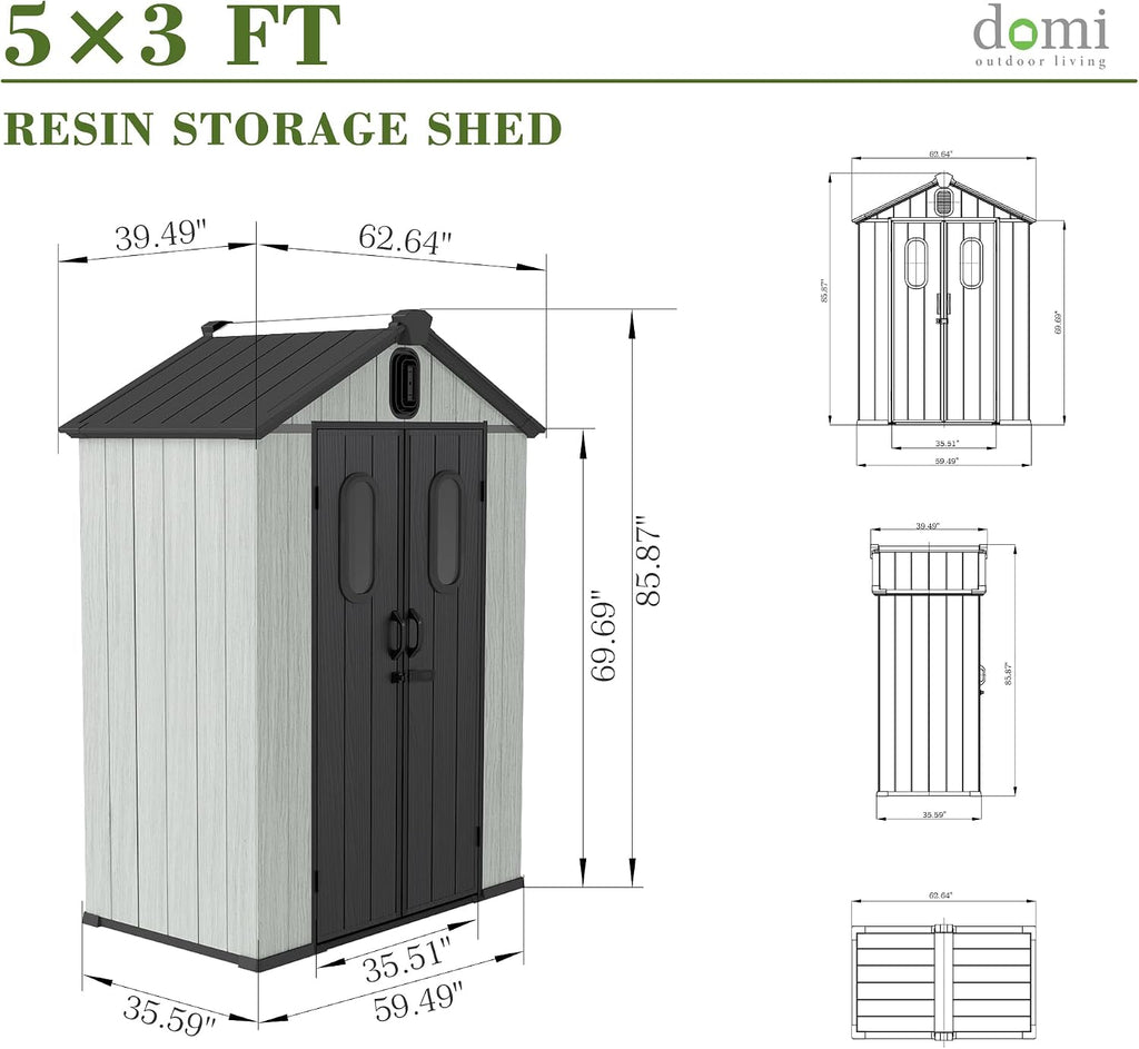 Domi 5x3FT Outdoor Resin Storage Shed with Transparent Windows & Louvered Vents, Plastic Tool Shed with Double Lockable Doors & Gable Roof, Outside Garden Shed for Backyard, Patio, Lawn, Grey