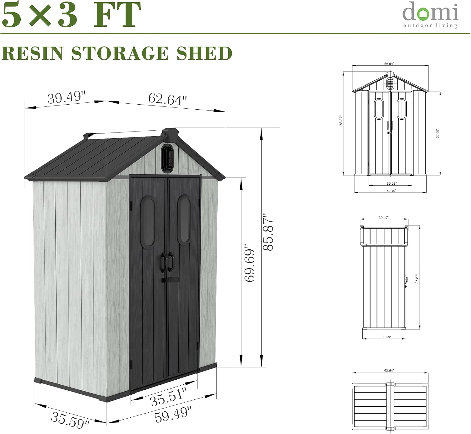Domi 5x3FT Outdoor Resin Storage Shed with Transparent Windows & Louvered Vents, Plastic Tool Shed with Double Lockable Doors & Gable Roof, Outside Garden Shed for Backyard, Patio, Lawn, Grey