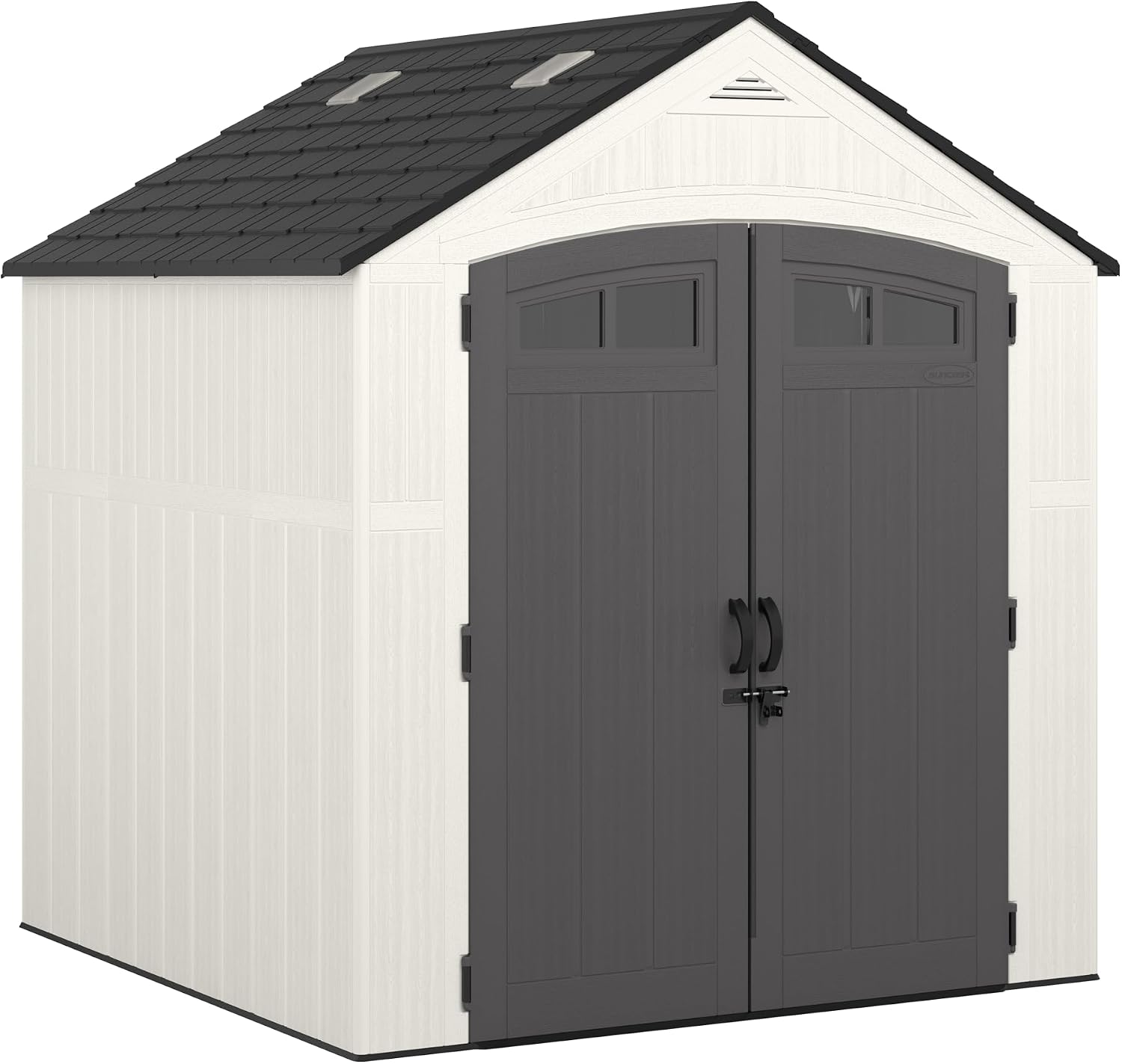 Suncast Ridgeland All-Weather Outdoor 7' x 7' Storage Shed with 327 cu. ft. Capacity, 2 Lockable Double Doors, Windows, Skylights, and Reinforced Resin Floor, Made in The USA