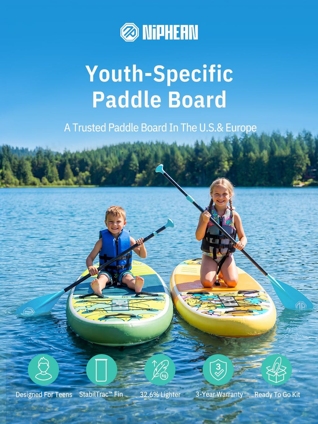 Niphean (Extra Large) Inflatable Paddle Board, SUP for 2+1 People/Family 500lbs Capacity Stand Up Paddle Board with SUP Accessories, StabilTrac Fin Non-Slip Paddleboard for Adults