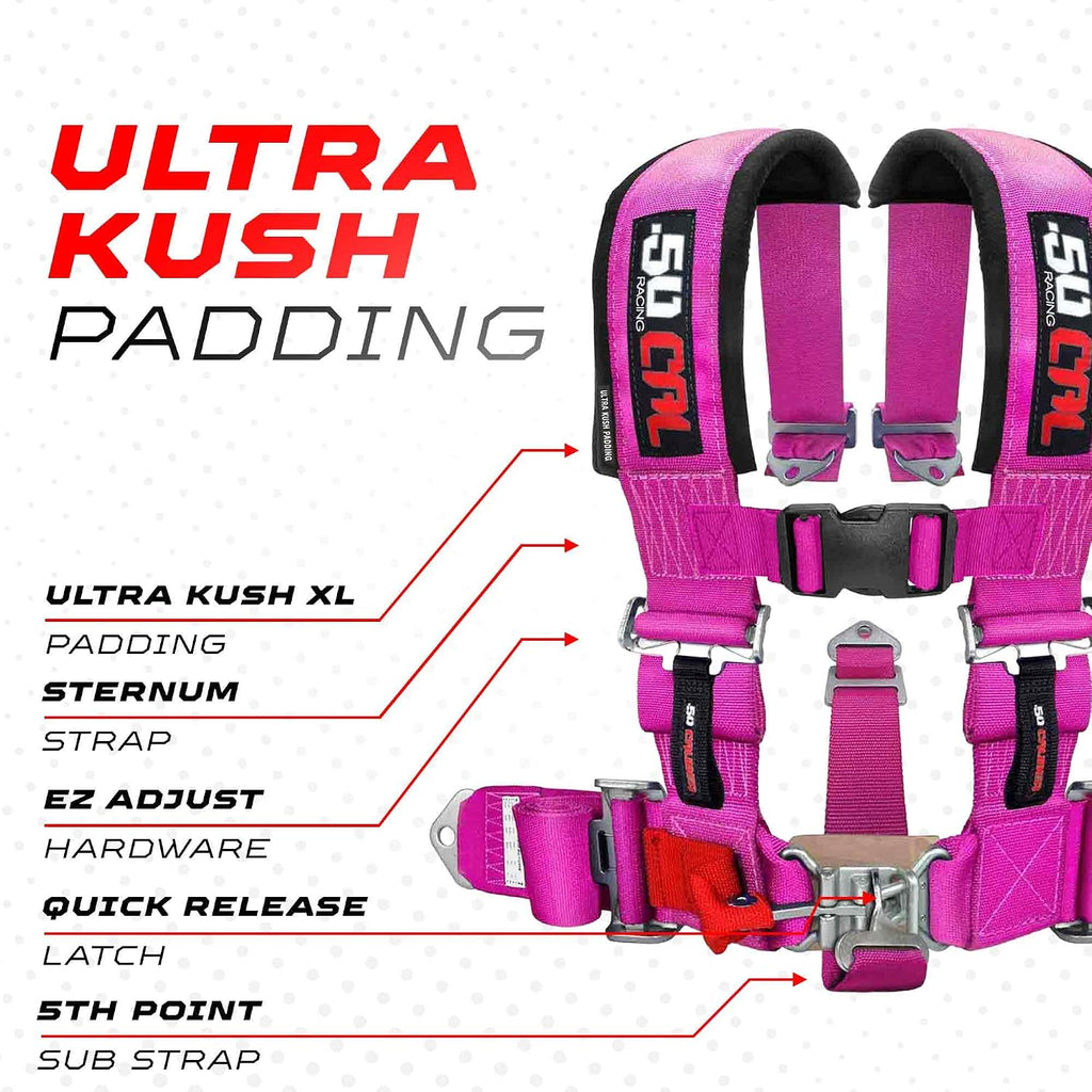 1pc Pink 5 Point Harness for Bucket Seat, Latch Release, 9 Color Options, Racing Harness 5 point, Race Car, UTV, RZR [6001A2]