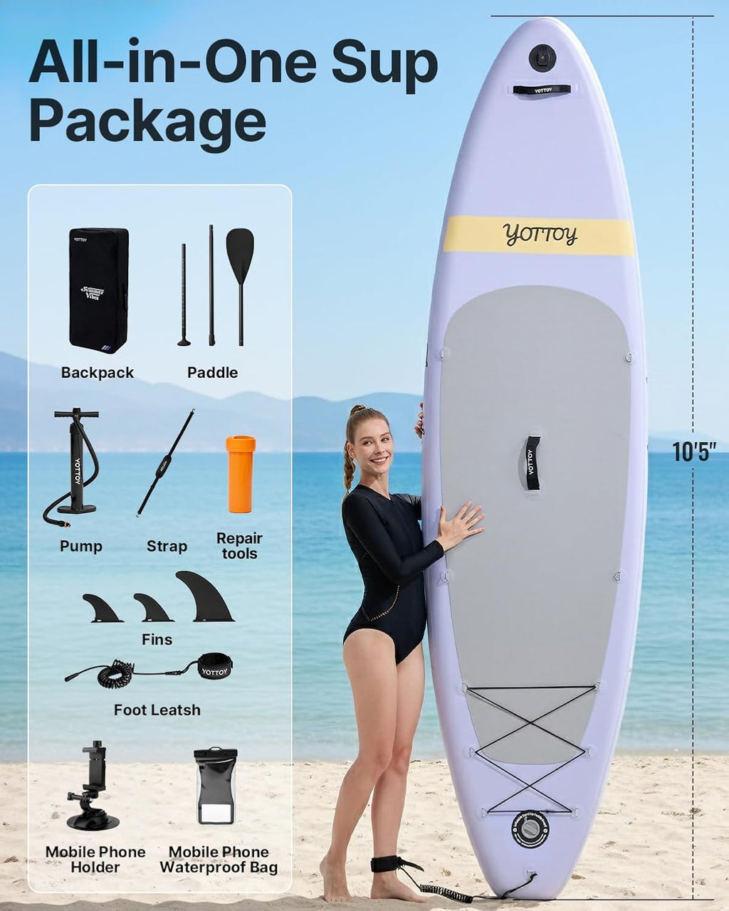 YOTTOY Inflatable Stand Up Paddle Board,Stable Lightweight 10'5' SUP with Non-Slip EVA Deck, Premium Paddleboard Accessories, Three-Fin System & Carry Bag,All-Around Inflatable SUP