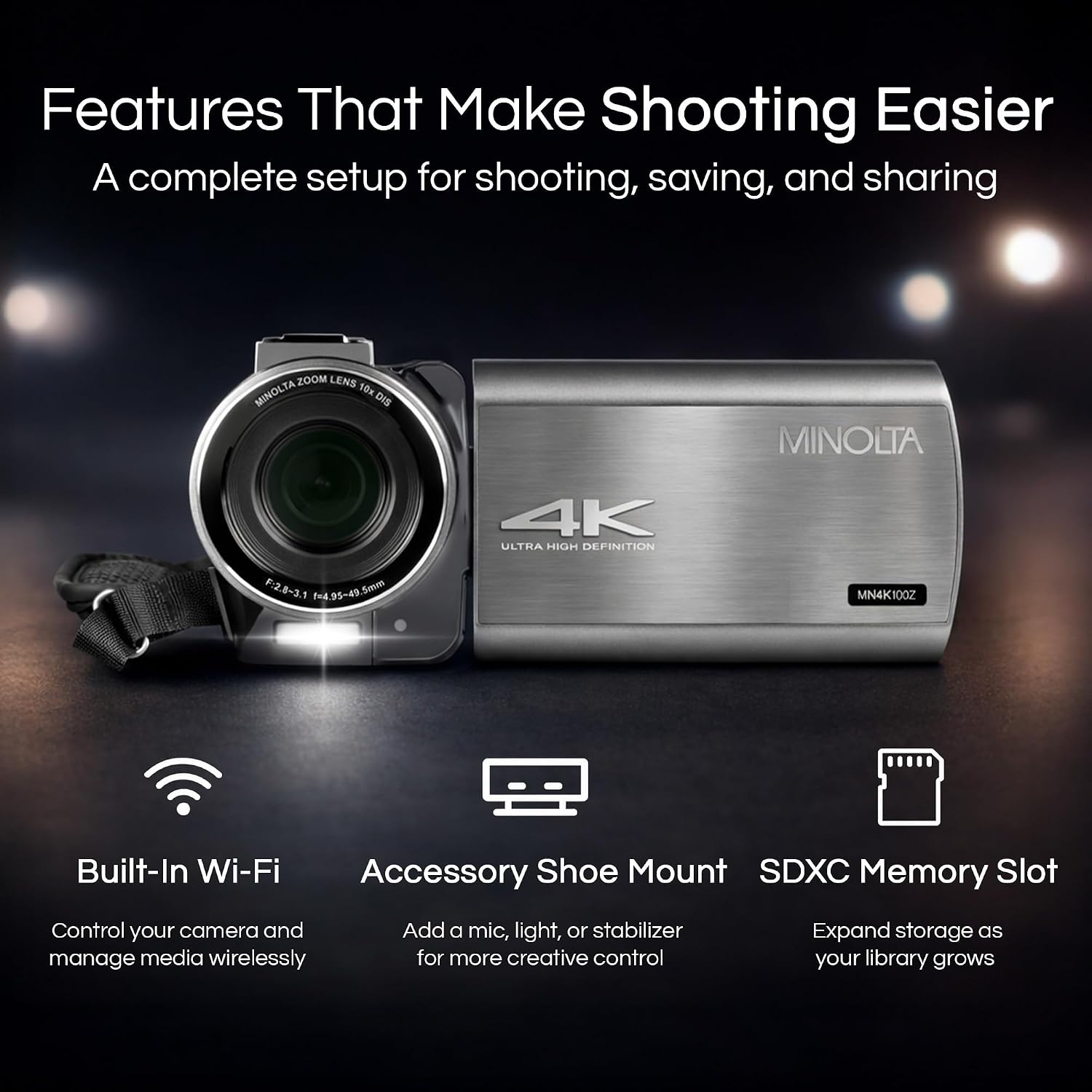 Minolta 4K Ultra HD Camcorder with 3.5-inch Touchscreen – 10x Optical Zoom, 28MP Photos, Digital Stabilizer, Accessory Shoe Mount, Time Lapse, Face Detection, 32GB Card, Remote Control (Gunmetal)
