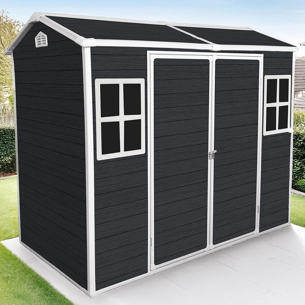8x4FT Plastic Sheds & Outdoor Storage, Resin Shed with Floor, Plastic Storage Shed with Double Lockable Doors, Windows & Steel Frame, Lawn Mower Shed for Backyard/Garden Tools/Bike (8x4FT)