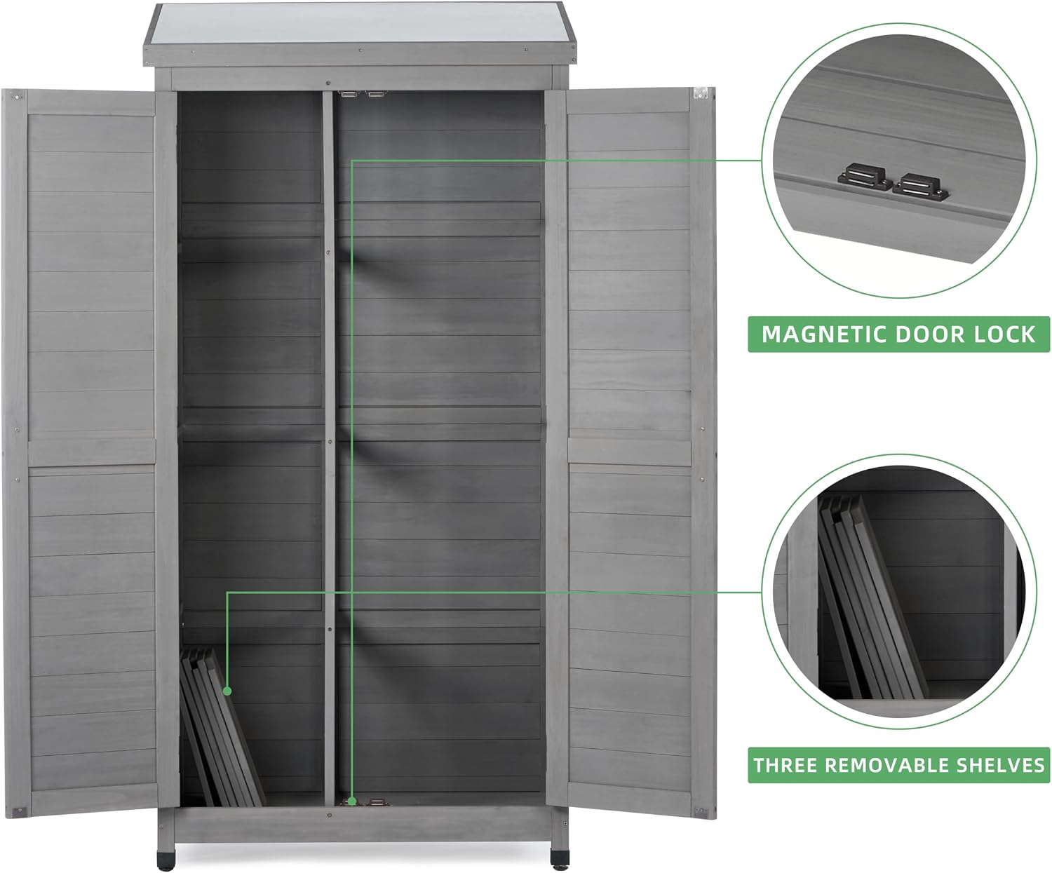 68''x33''x20'' Outdoor Wooden Storage Shed with Metal Top Tall Vertical Tool Cabinet for Backyard Garden Patio Lawn (Grey)