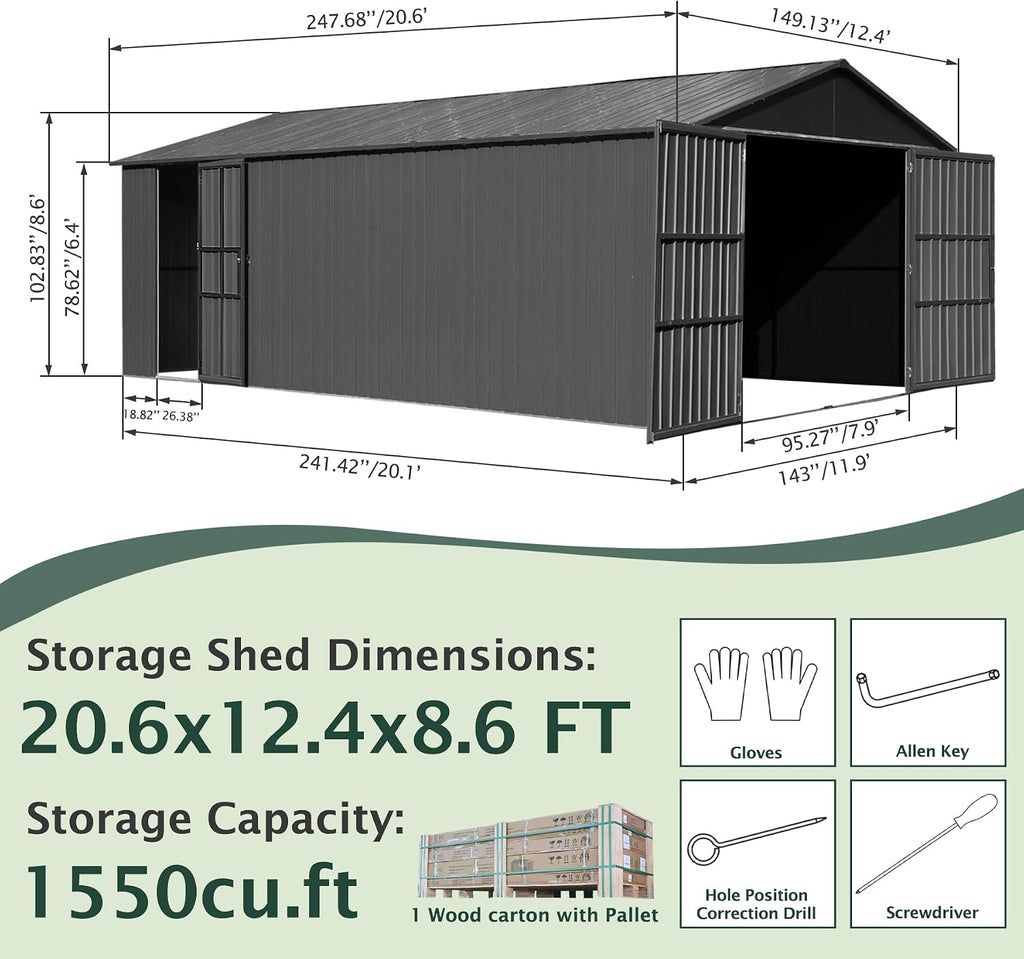Domi 12'x20' Outdoor Metal Garage Shed, All Weather Enclosed Carport with Sidewalls & 2 Lockable Doors, Extra Large Backyard Storage Shed for Car, Truck, Lawn Mower, 80MPH Wind Resistance, Dark Grey