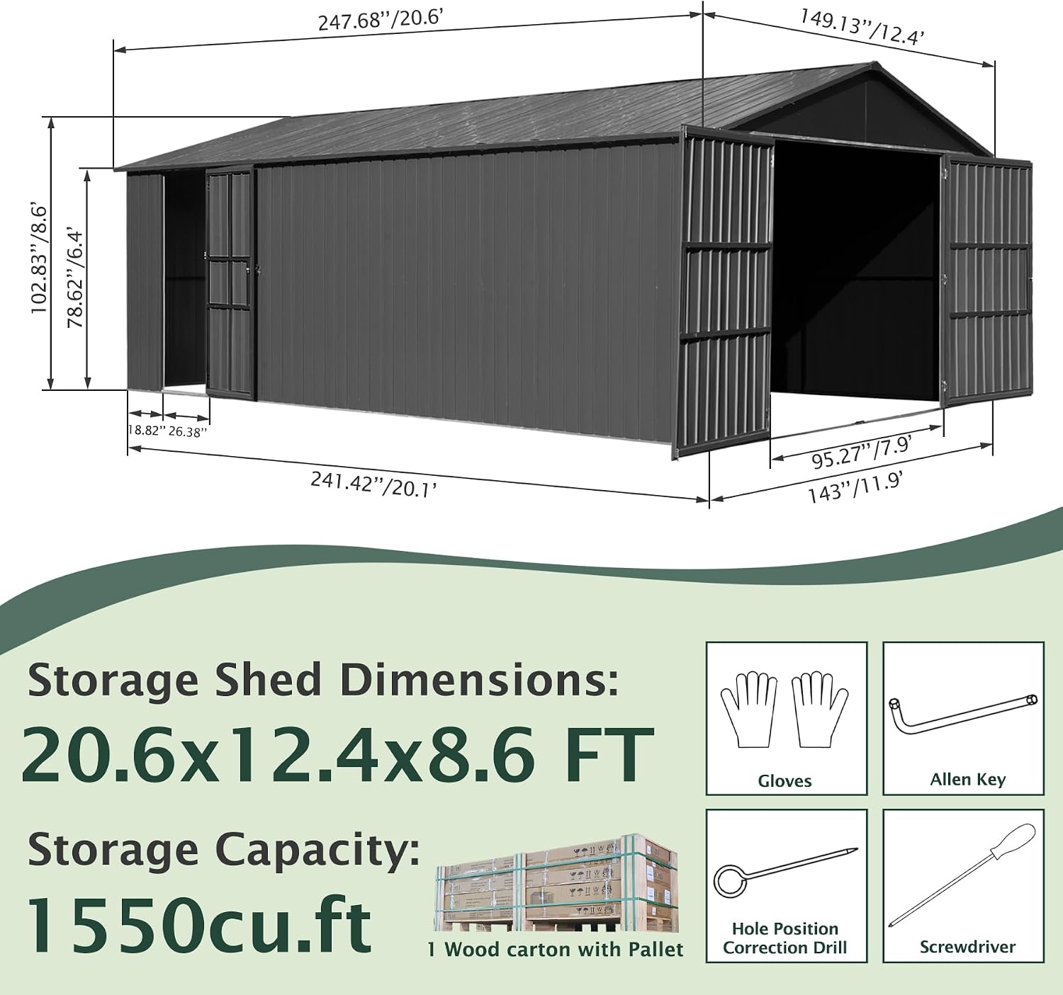 Domi 12'x20' Outdoor Metal Garage Shed, All Weather Enclosed Carport with Sidewalls & 2 Lockable Doors, Extra Large Backyard Storage Shed for Car, Truck, Lawn Mower, 80MPH Wind Resistance, Dark Grey