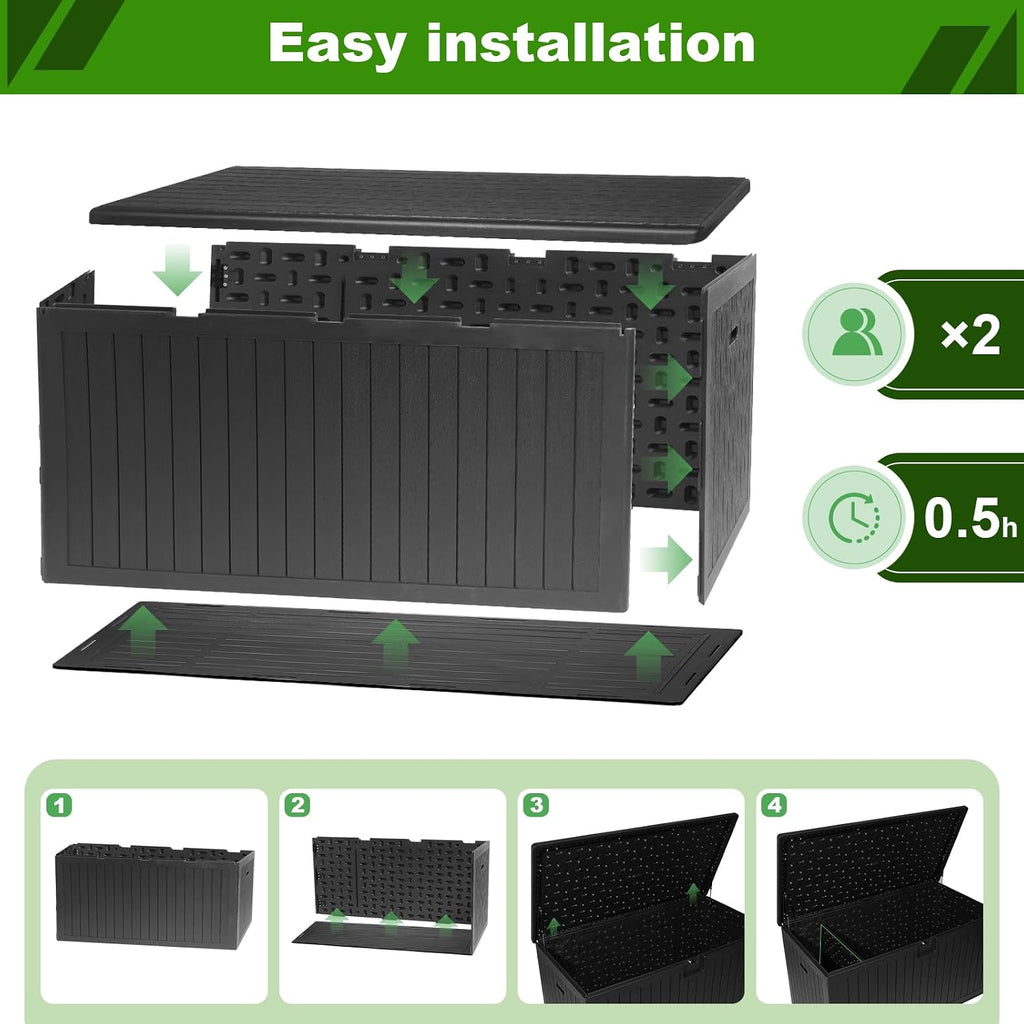 320 Gallon Deck Box with 6 Waterproof Foot Pads, Resin Storage Box Weatherproof, Plastic Cushion Container with Lock and Lids for Pool Equipment, Black