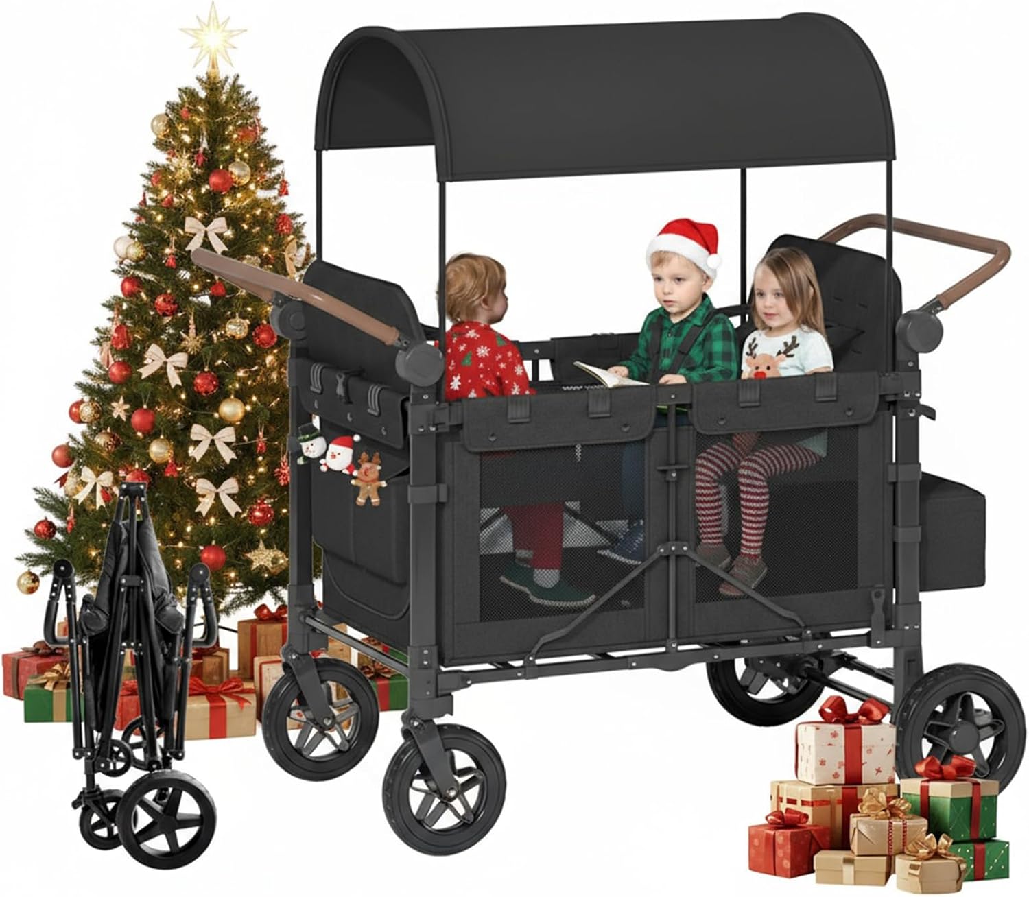 4 Seater Wagon Stroller,Foldable Stroller with Safety Belt, Puncture-Proof Tires, All-Terrain Wagon with 360° Swivel Lockable Wheels, Large Storage Bag, Canopy,51.18 * 31.5 * 43.31 in.