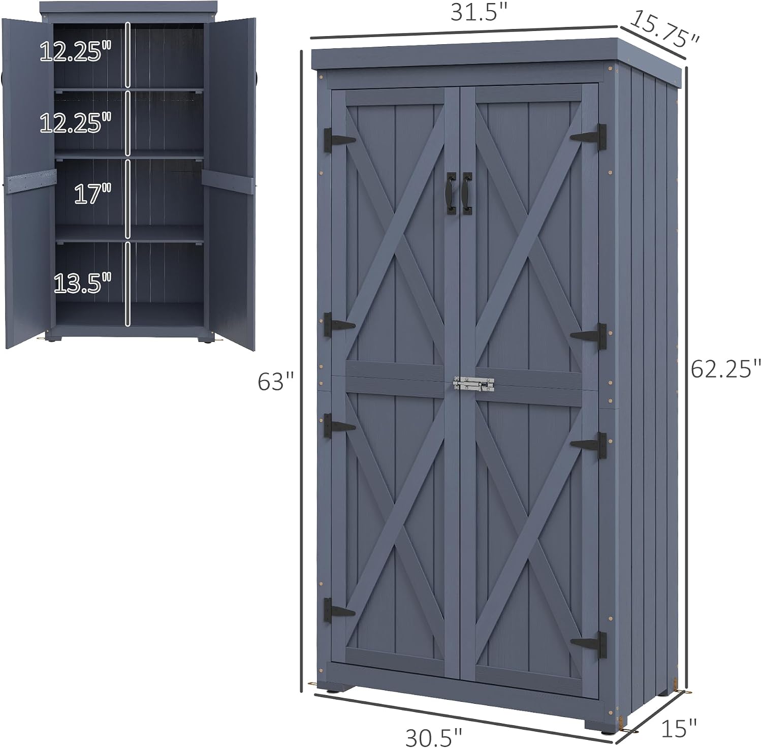 Outsunny Wooden Garden Shed, Outdoor Storage Cabinet with Waterproof Galvanized Metal Roof, Narrow Tool Shed with 3 Shelves and Lockable Door, Gray
