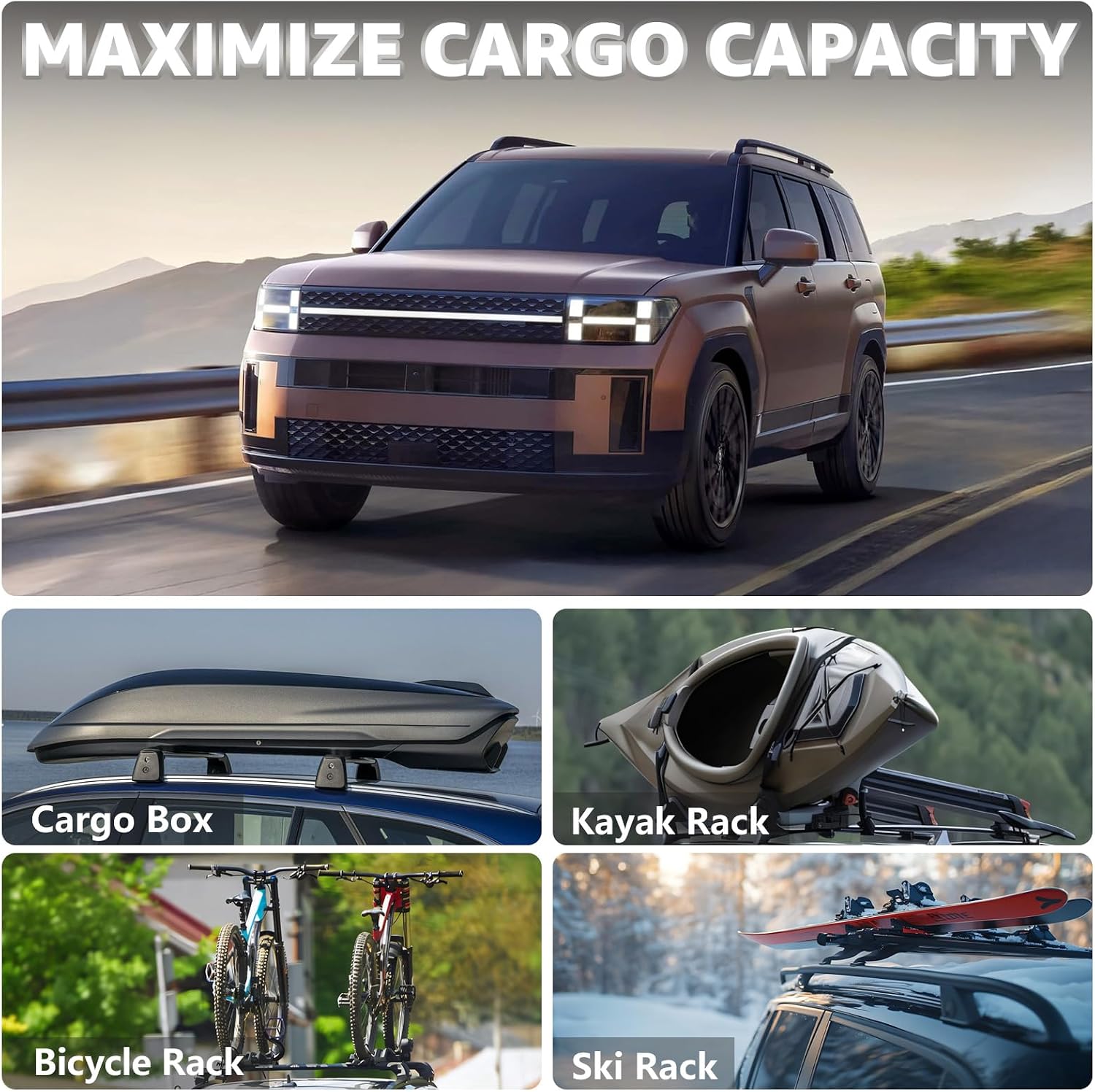 Roof Rack Cross Bars Compatible with Hyundai Santa Fe 2024-2026 (Not for Hybrid & SE), Adjustable Aluminum Heavy Duty 300 LBS Anti-Theft Lock Cargo Carrier Rooftop Crossbar for Bike, Snowboard