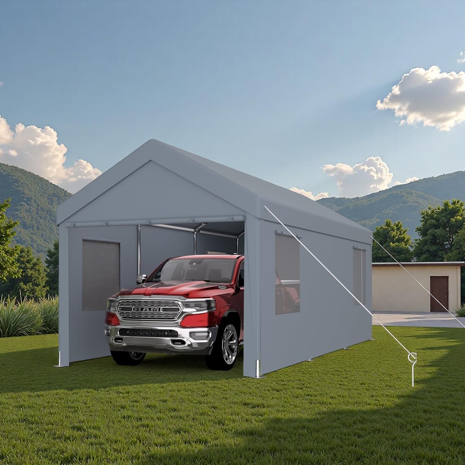 12x20FT Canopy, Outdoor Portable Garage with 2 Roll-Up Doors & 4 Ventilated Windows, Patio Camping Heavy Duty Car Port Canopy with PE Cover, Ground Pegs & Steel Cables, Easy Assembly, Grey