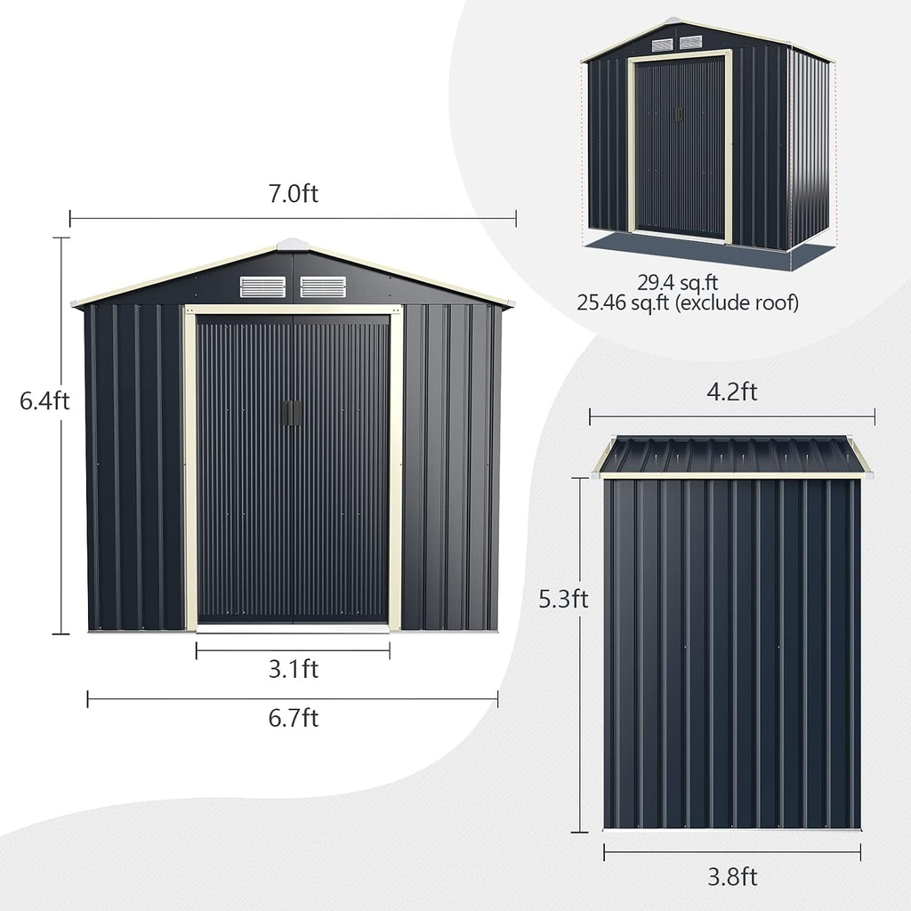 Goplus Storage Shed, Metal 7' X 4' Outdoor Building Organizer with 4 Vents & Double Sliding Door for Garden Backyard Farm (7'X4')