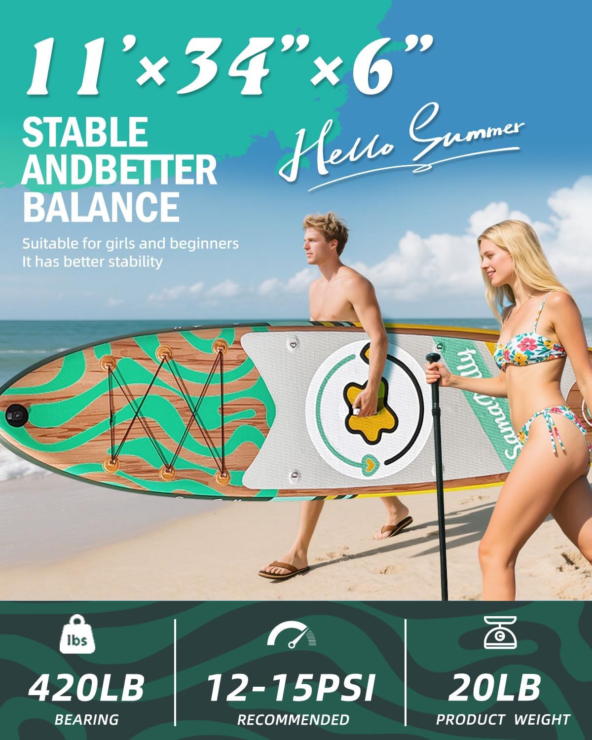 11'Stand Up Paddle Boards Surf Control with Premium SUP Board Accessories Backpack & Removable Fins, 34' Wide Inflatable Paddle Boards of All Skill Levels