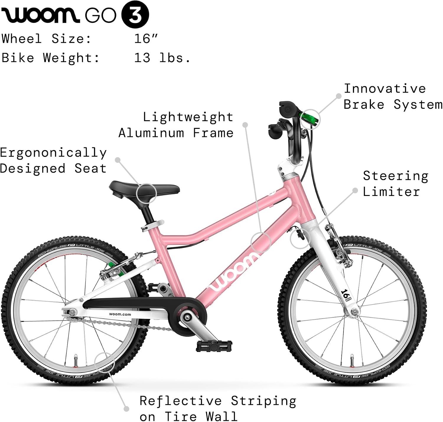 woom GO 3 / GO 3 AUTOMAGIC Kids' Bike, 16-Inch Lightweight Bicycle for Ages 4–6, Handbrakes, Steering Limiter, Chainguard, Boys & Girls