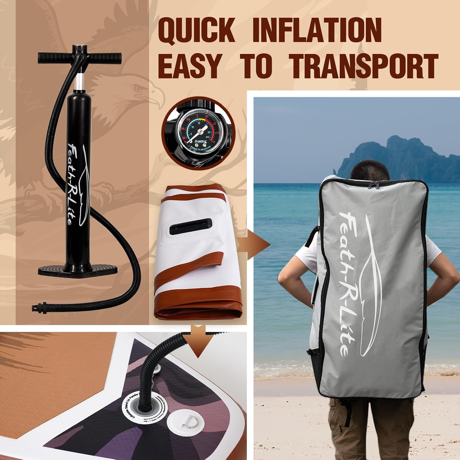 FEATH-R-LITE Inflatable Paddle Board Stand Up Paddleboards for Adults SUP with Premium Accessories Pump, Adjustable Paddle, Leash, Three Fins, Backpack