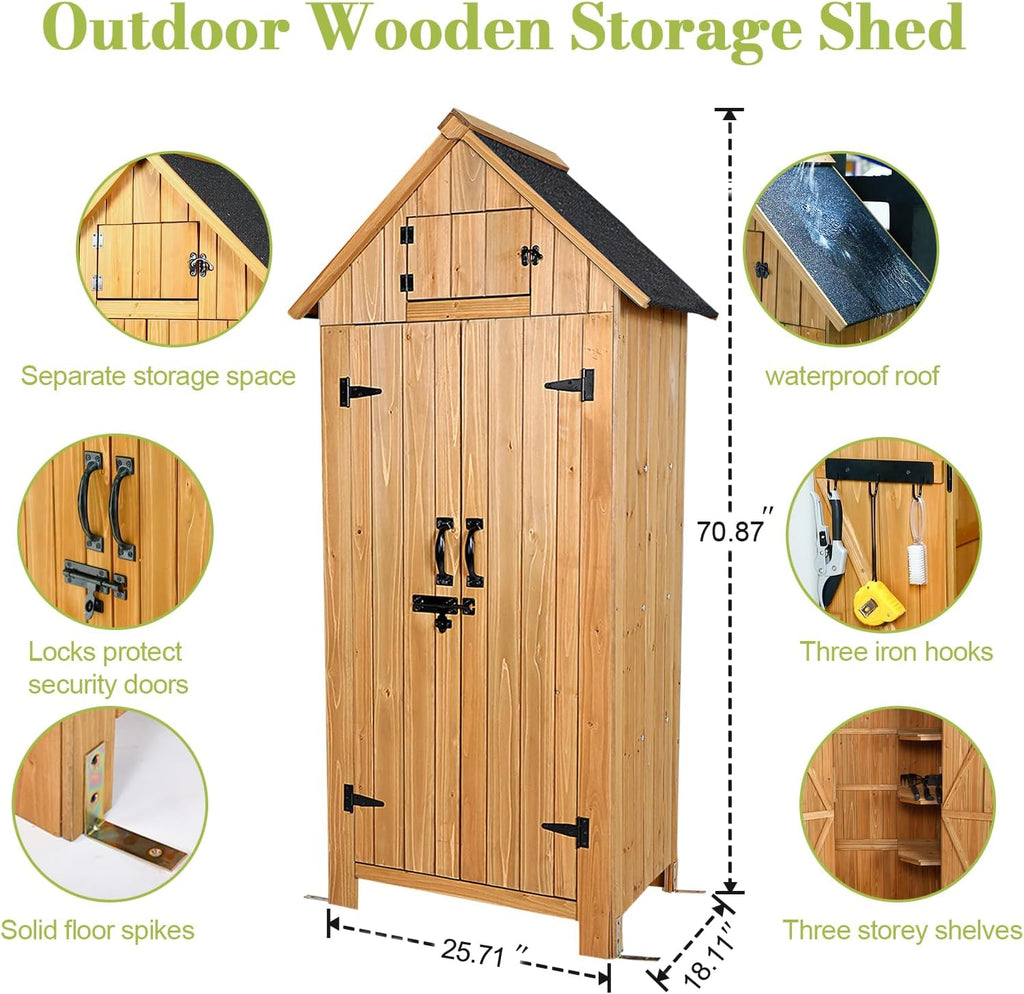 Wooden Outdoor Storage Shed with Double Doors,70' Tall Waterproof Storage Shed with Lock,Sheds & Outdoor Storage with Windproof Tipping for Deck,Backyard Garden and Yard