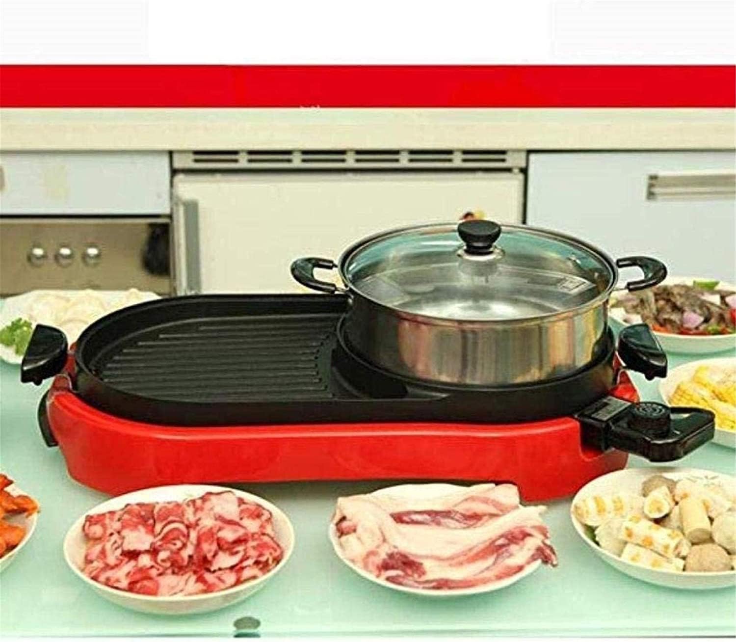 Electric Grill Pot Electric Thai BBQ Grill And Hot Adjustable Temperature 220V Tabletop Grill And Fondue With Ceramic Coating, Teppanyaki Table Grill,Portable Nonsti