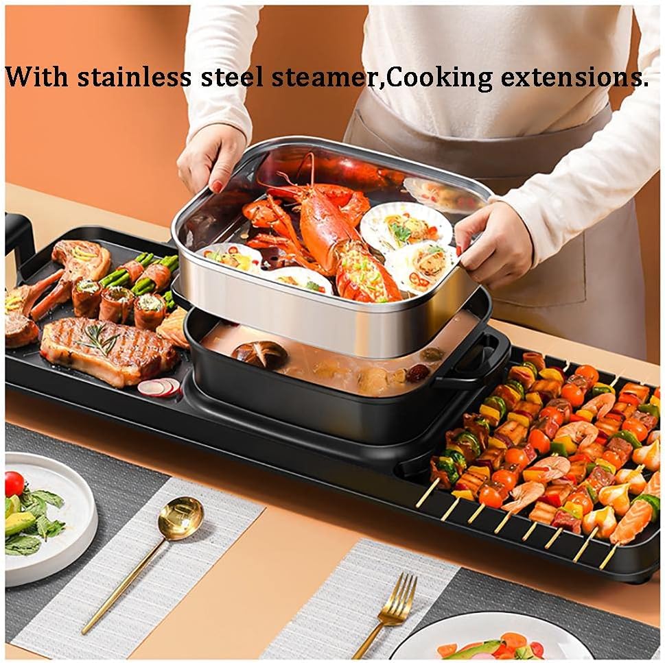 Electric Grill with Hot Pot - 2 in 1 Indoor Korean BBQ Grill, 2200W Multifunctional Smokeless Hot Pot for 5-10 People, Non-Stick Pan for Grilling & Cooking