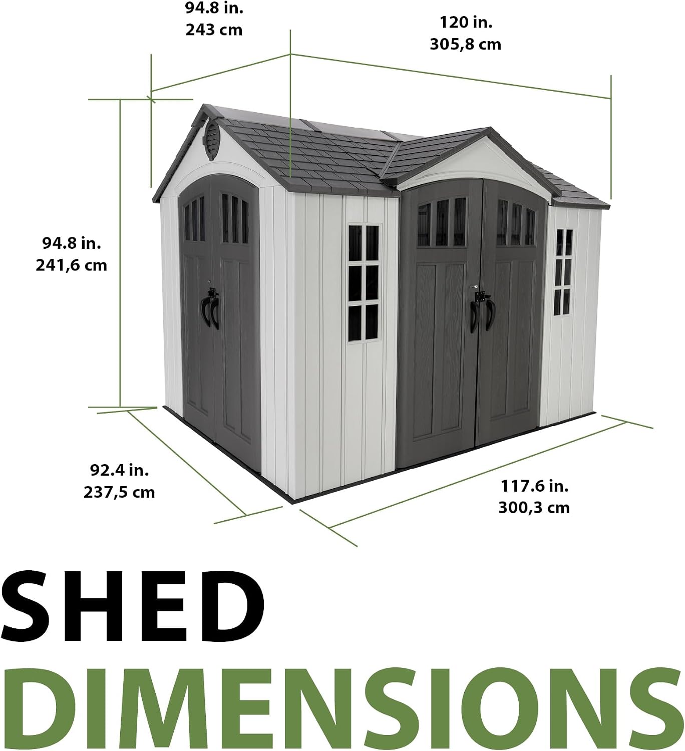 Lifetime Dual Entry Outdoor Storage Shed, 10x8 Ft, Gray, Resin Tool Shed with Double Doors