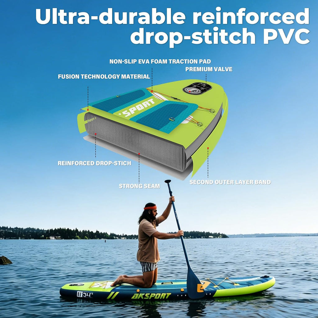 AKSPORT 11' Inflatable Stand-Up Paddle Board with Upgraded SUP Accessories Kit | Extra Wide 34' Design | Non-Slip Deck | Premium SUP Board for Adults & Youth of All Levels