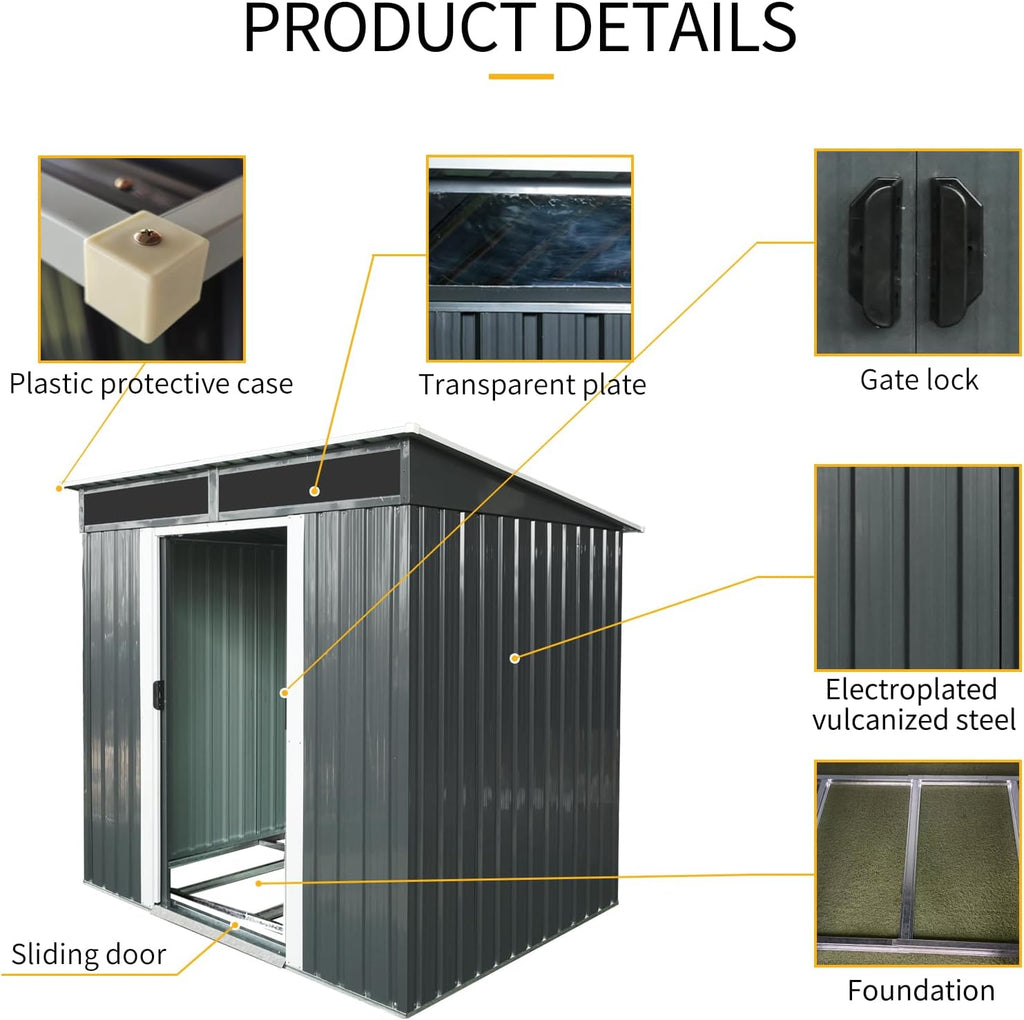 6x5 ft Outdoor Metal Storage Shed with Foundation Frame, Galvanized Steel Tool Shed with Lockable Sliding Door, Transparent Plate and Air Vent, Waterproof Garden Storage House for Backyard, Patio