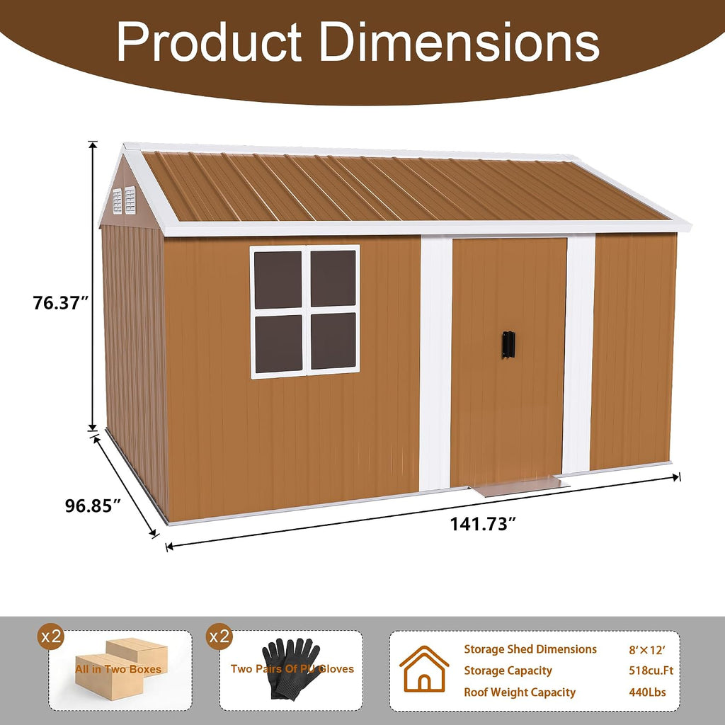 ZMAD 12x8 FT Heavy-Duty Metal Storage Shed with Doors, Windows & Ventilation - Weatherproof Outdoor Garden Shed for Backyard, Lawn and Tool Organization (8x12)