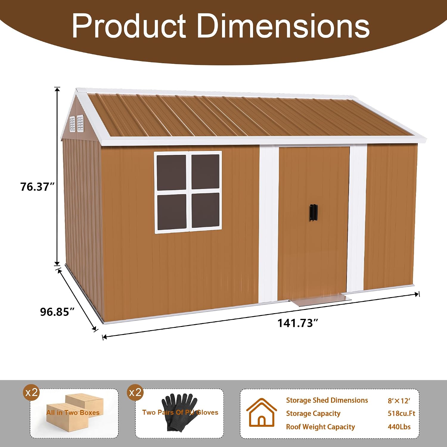 ZMAD 12x8 FT Heavy-Duty Metal Storage Shed with Doors, Windows & Ventilation - Weatherproof Outdoor Garden Shed for Backyard, Lawn and Tool Organization (8x12)