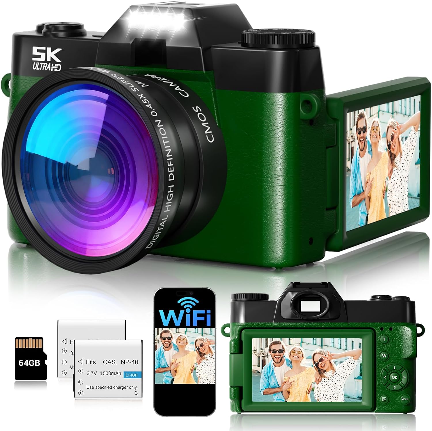 Digital Camera,UHD 75MP 5K Digital Camera for Photography with WiFi,64GB SD Card Vlogging Camera for YouTube,Travel Camera Featuring 3' 180°Flip Screen,Suitable for Beginners and Teens,Green