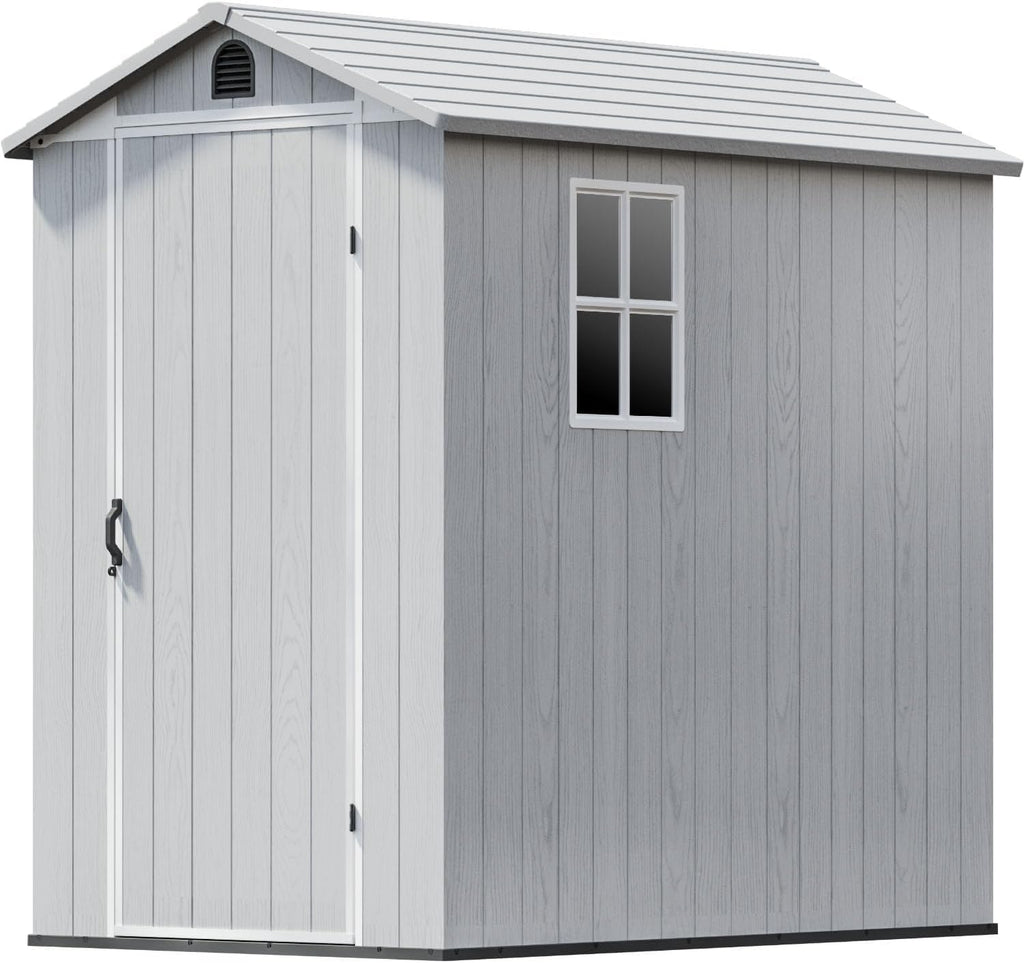 Patiowell 4 x 6 FT Resin Storage Shed with Floor, Outdoor Plastic Garden Shed with Lockable Door & Window, Easy Assembly Tool Shed for Backyard, Light Gray