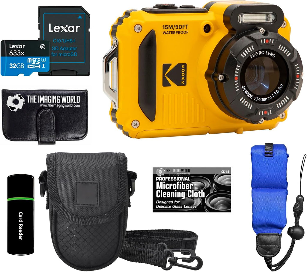 Kodak PIXPRO WPZ2 Rugged Waterproof Shockproof Dustproof WiFi Digital Camera 16MP 4X Optical Zoom 1080P Full HD Video Vlogging Camera 2.7' LCD (Yellow) + 32GB Card + Case + Floating Strap + Bundle