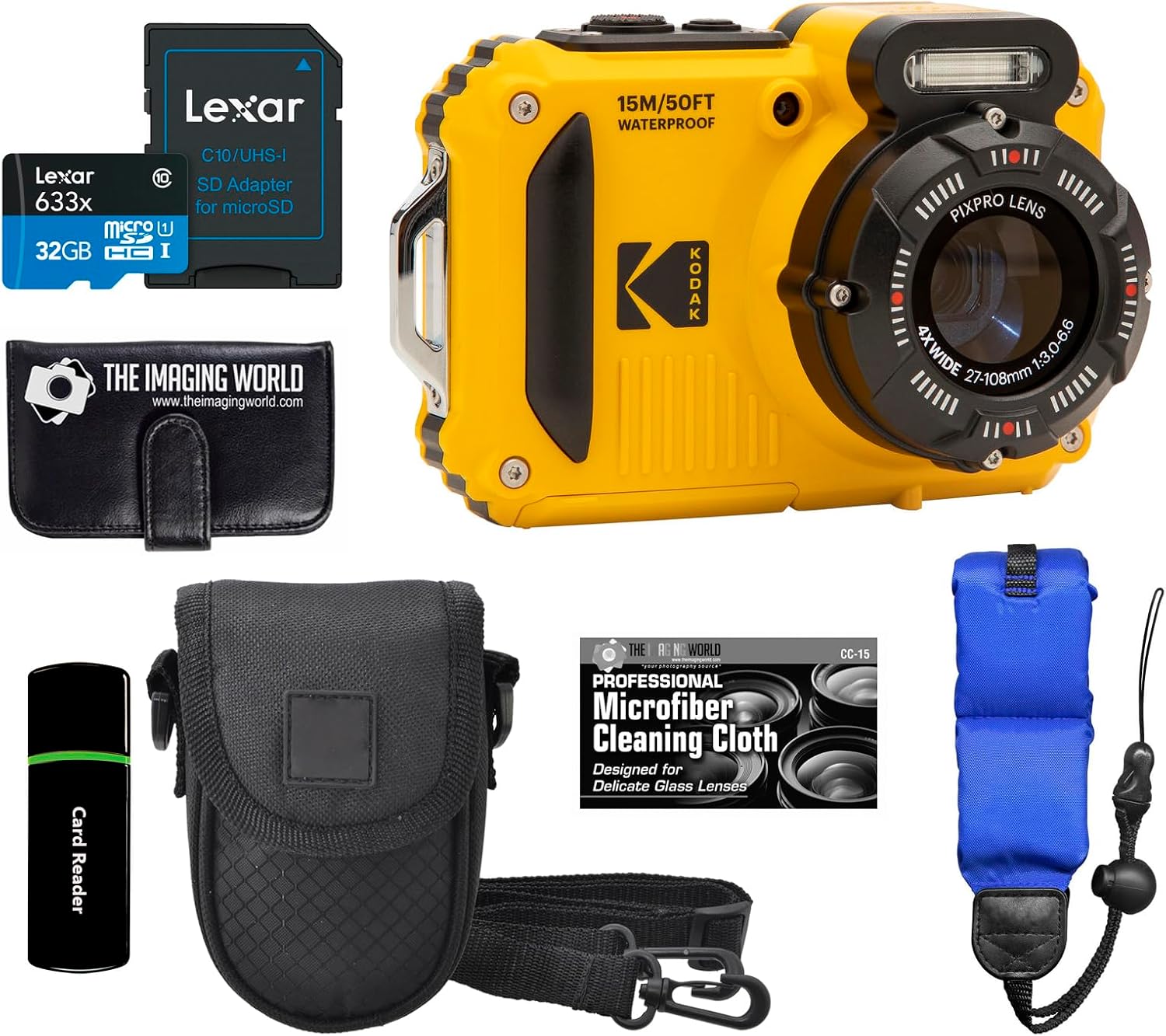 Kodak PIXPRO WPZ2 Rugged Waterproof Shockproof Dustproof WiFi Digital Camera 16MP 4X Optical Zoom 1080P Full HD Video Vlogging Camera 2.7' LCD (Yellow) + 32GB Card + Case + Floating Strap + Bundle