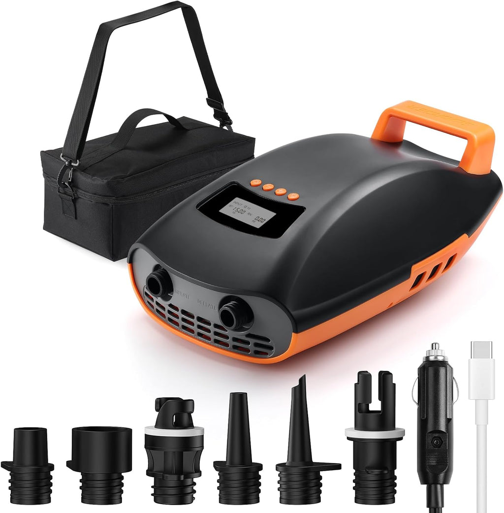 Swonder Seawolf Dual-Power Paddle Board Pump, 2X Faster Electric Air Pump for SUP & Kayak, 20 PSI with Dual Cylinders, Active Cooling, 6000mAh Battery & Car Adapter, Plug Adaptable Up to 17V DC
