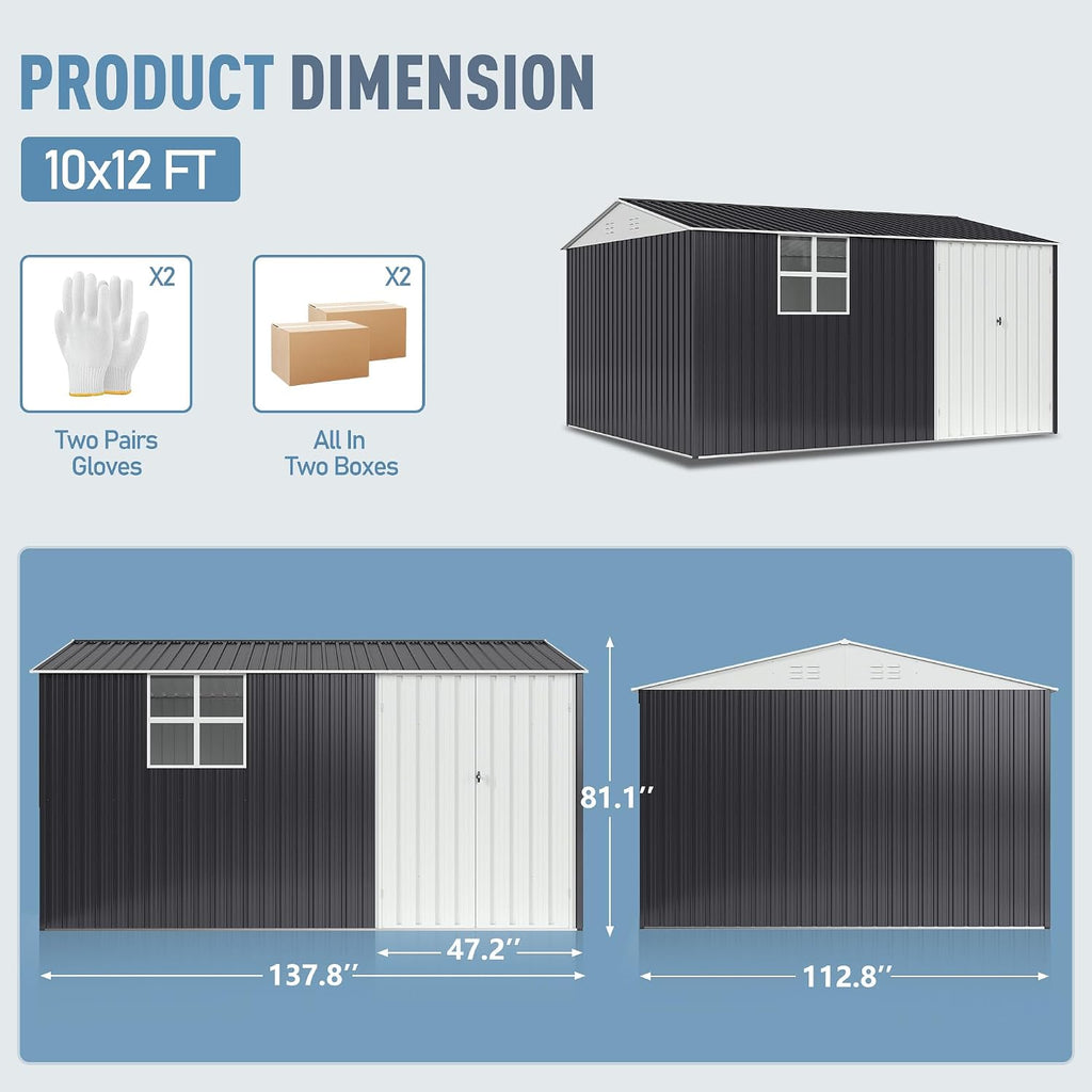 AirWire 12x10 FT Outdoor Metal Storage Shed with Window, Heavy-Duty Galvanized Steel Tool Shed with Lockable Doors, Waterproof Garden Shed for Backyard, Patio, Lawn, Black