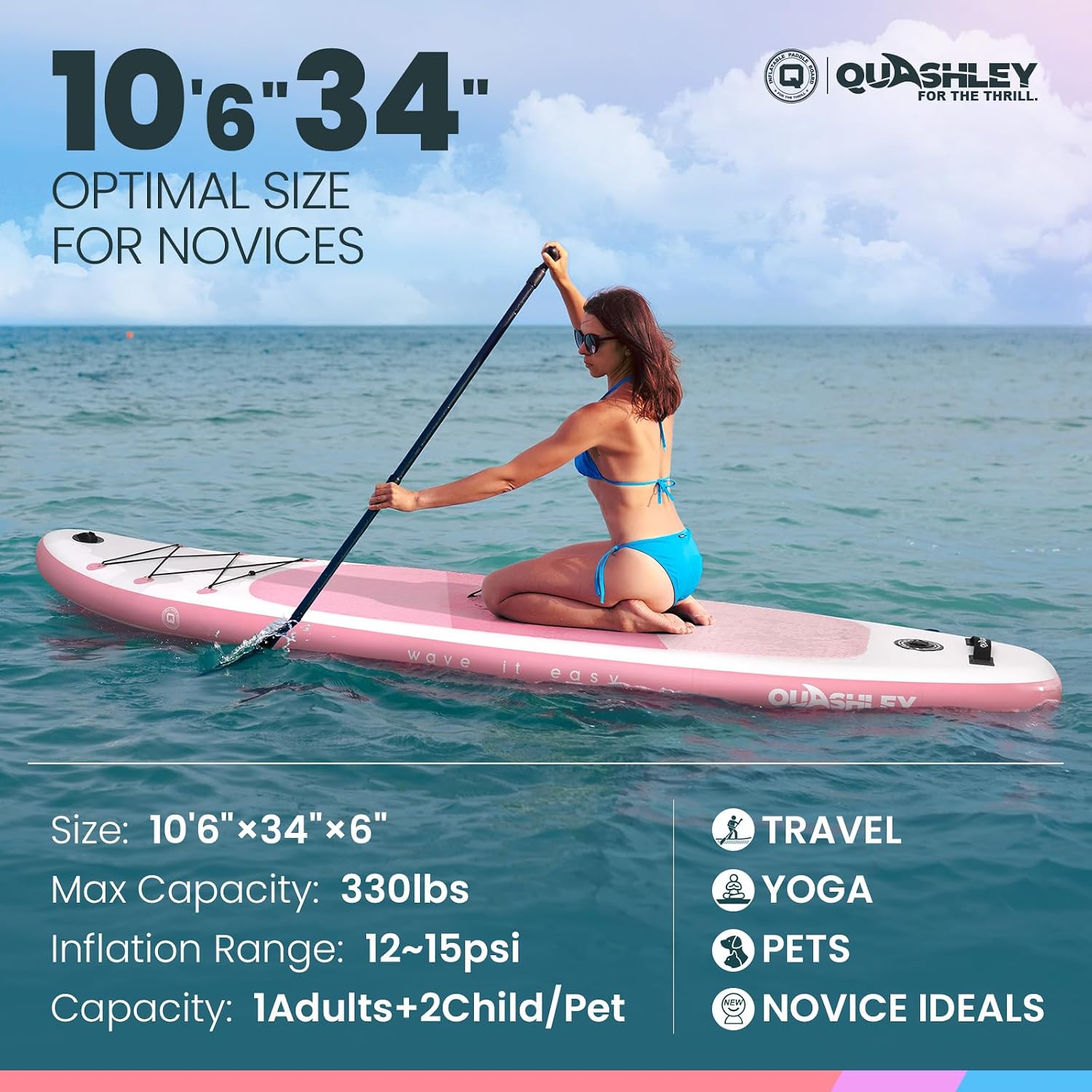 Quashley Inflatable Stand Up Paddle Board,Inflatable Paddleboards 32/34 Inch Wide,All Around SUP for Beginners with Lightweight Paddle,Hand Pump,Backpack,Leash,Durable & Portable iSUP Board