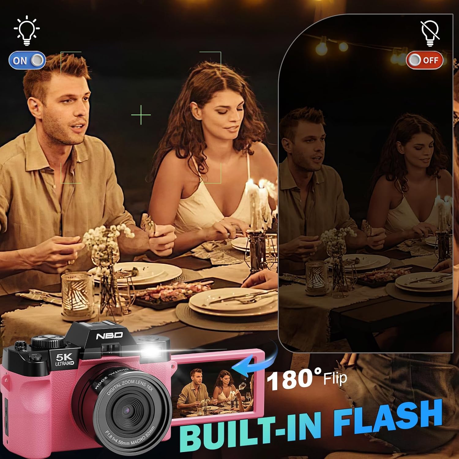 True 5K Digital Cameras for Photography 64MP - 16X Zoom, WiFi, with 64GB TF Card, Wide-Angle & Macro Lens, Autofocus & Anti-Shake, Vlogging Camera for YouTube Travel (Pink)