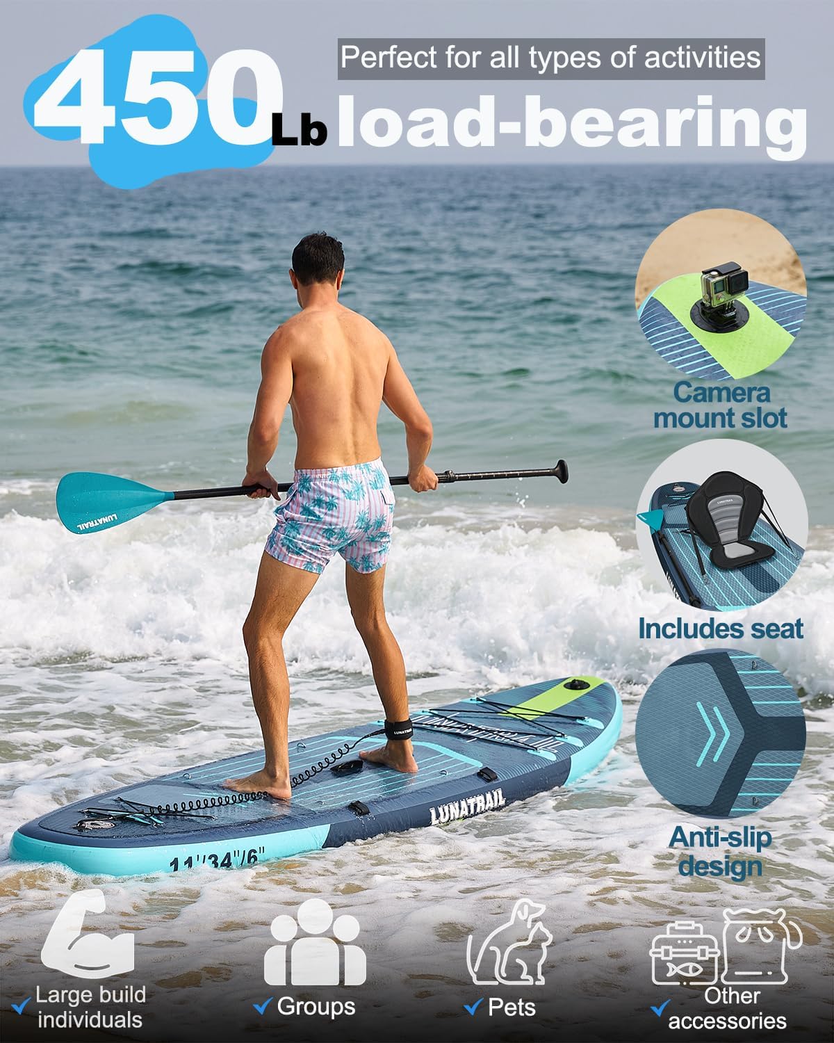 【11'×34'】 Extra Long/Extra Wide Premium Inflatable Stand Up Paddle Board (SUP) – Portable & Lightweight for Yoga, Surfing, Family Fun | Complete Kit with Paddle, Pump, Bag | Durable Design