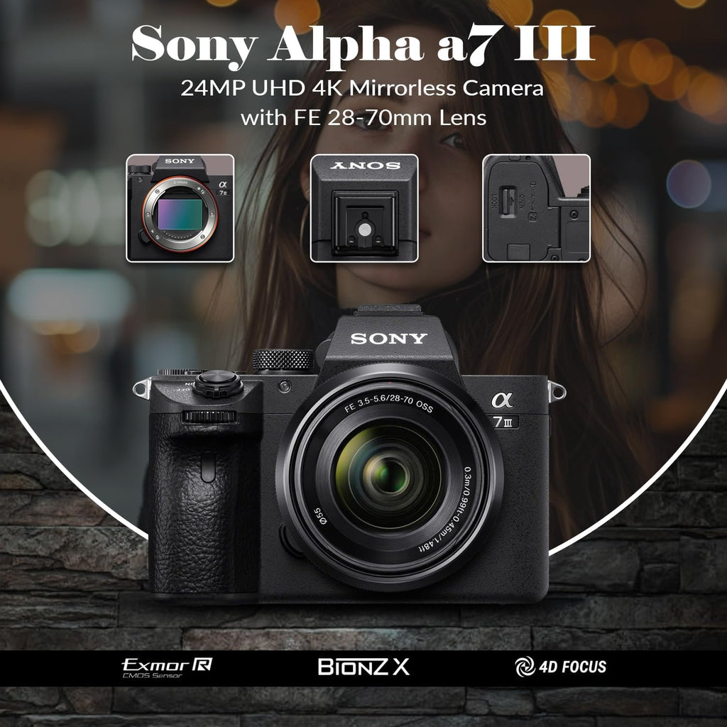 Sony Alpha a7 III Mirrorless Digital Camera with FE 28-70mm Lens - Bundle, Shoulder Bag, 64GB SD Card, Card Reader, SD Card Case, PC & Mac Software Kit, Extra Battery, 55mm Filter Kit