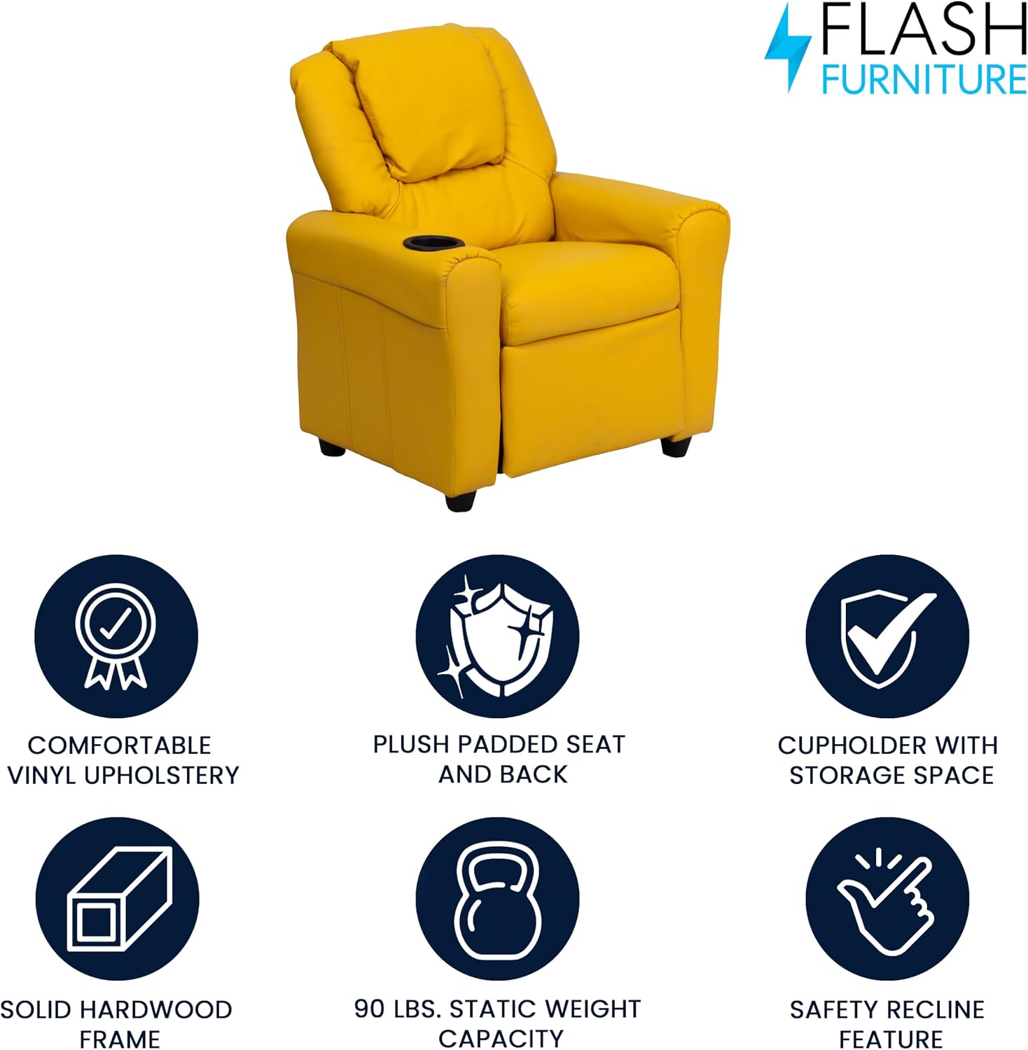 Flash Furniture Vana Vinyl Kids Recliner with Cup Holder, Headrest, and Safety Recline, Contemporary Reclining Chair for Kids, Supports up to 90 lbs., Yellow