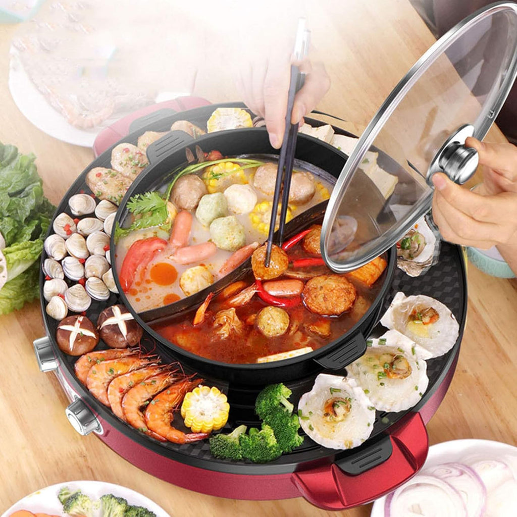 Electric Grill Indoor Hot Pot Multifunctional Non-Stick Korean BBQ Smokeless,Korean Hot Pot W/Divider Shabu Shabu Pot (Singlepot)
