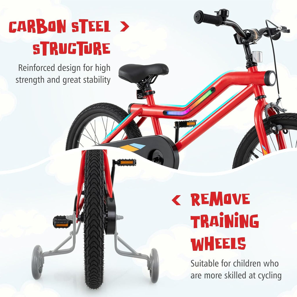 BABY JOY Lighted Kids Bike, 16 18 Inch Children Bicycle with 7-Mode LED Lighted Frame, Headlight, Flash Training Wheels, Dual-Brake, 95% Pre-Assembled, Girls Boys Bike for 4-8 Years
